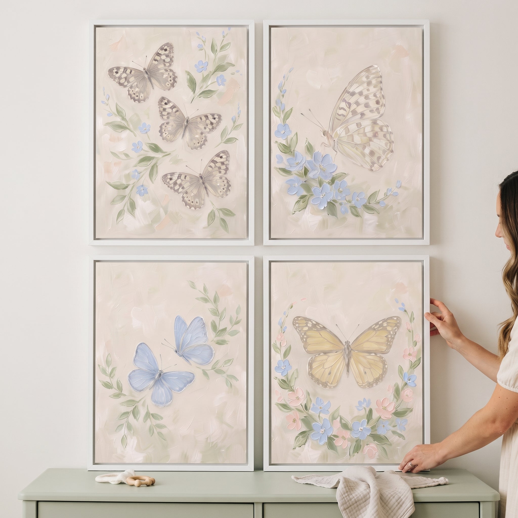 Sophisticated Neutral Garden Butterfly Wall Art Set of 4 - Pastel Meadow Flutter
