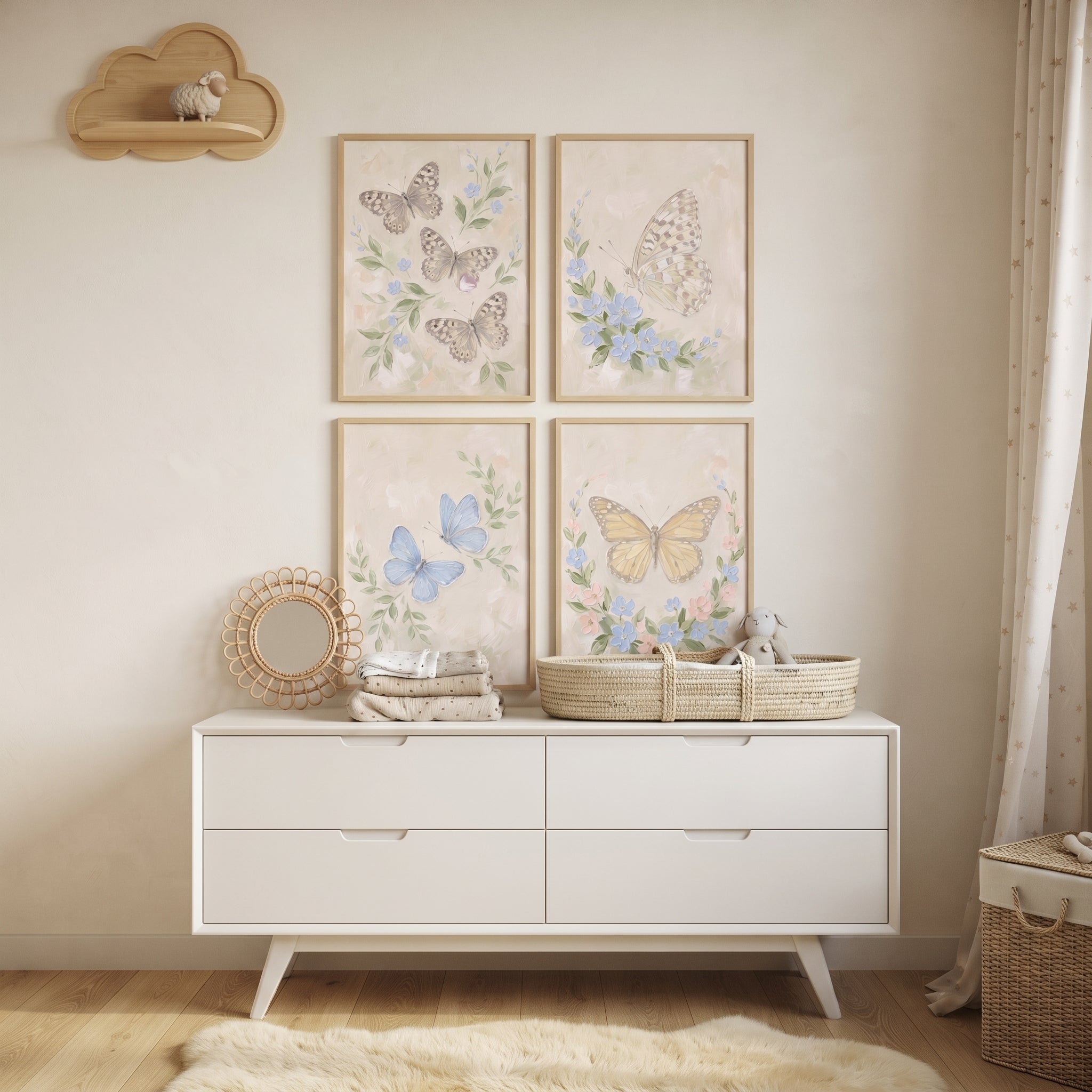 Sophisticated Neutral Garden Butterfly Wall Art Set of 4 - Pastel Meadow Flutter