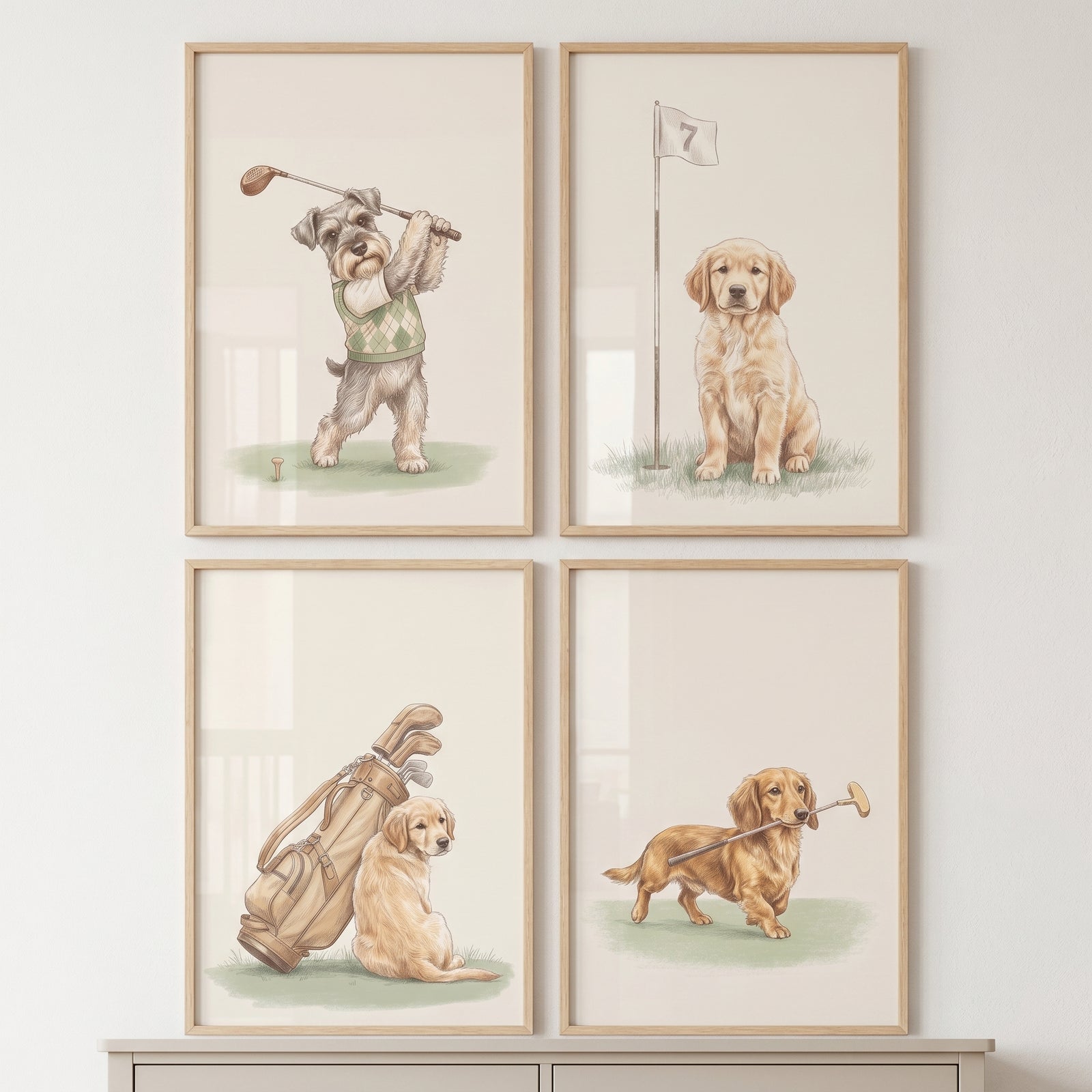 Sophisticated neutral golfing dogs wall art set of 4 features a schnauzer, golden puppies, and a dachshund with golf gear.