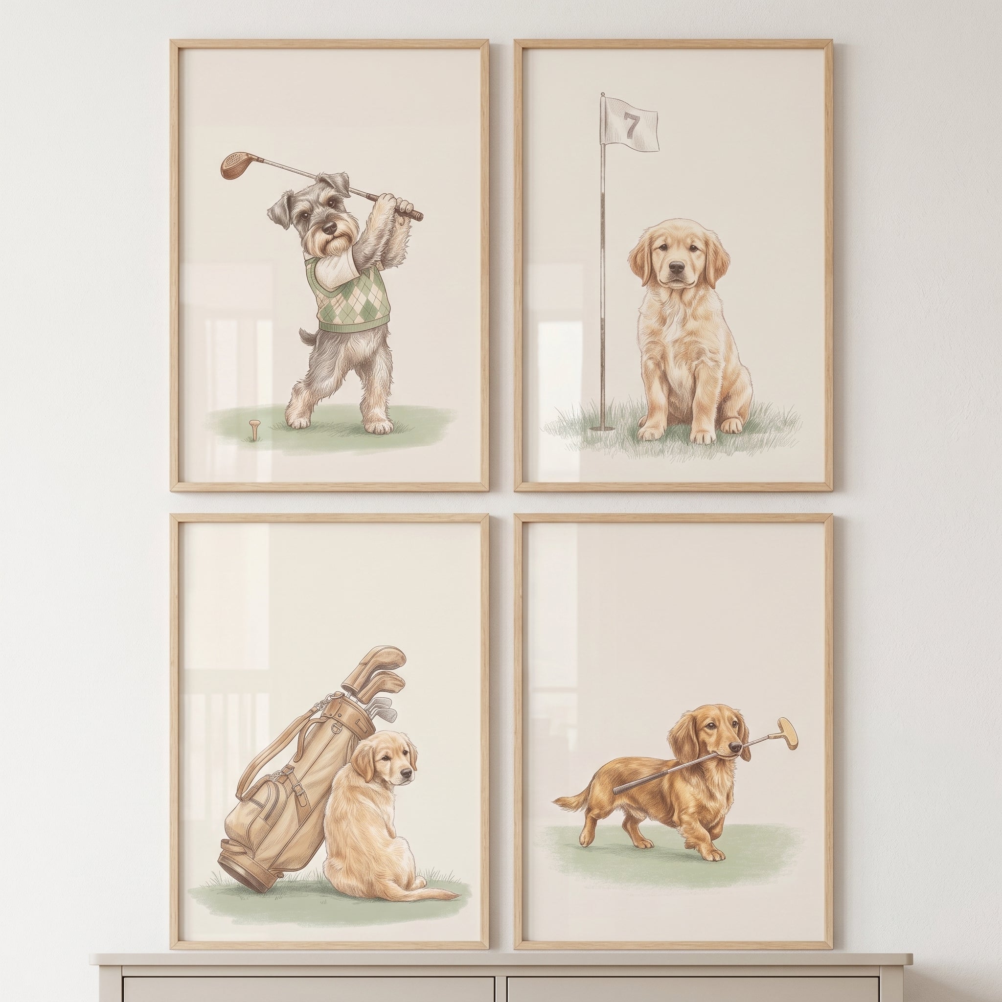 Sophisticated Neutral Golfing Dogs Wall Art Set of 4 - The Golfing Puppies