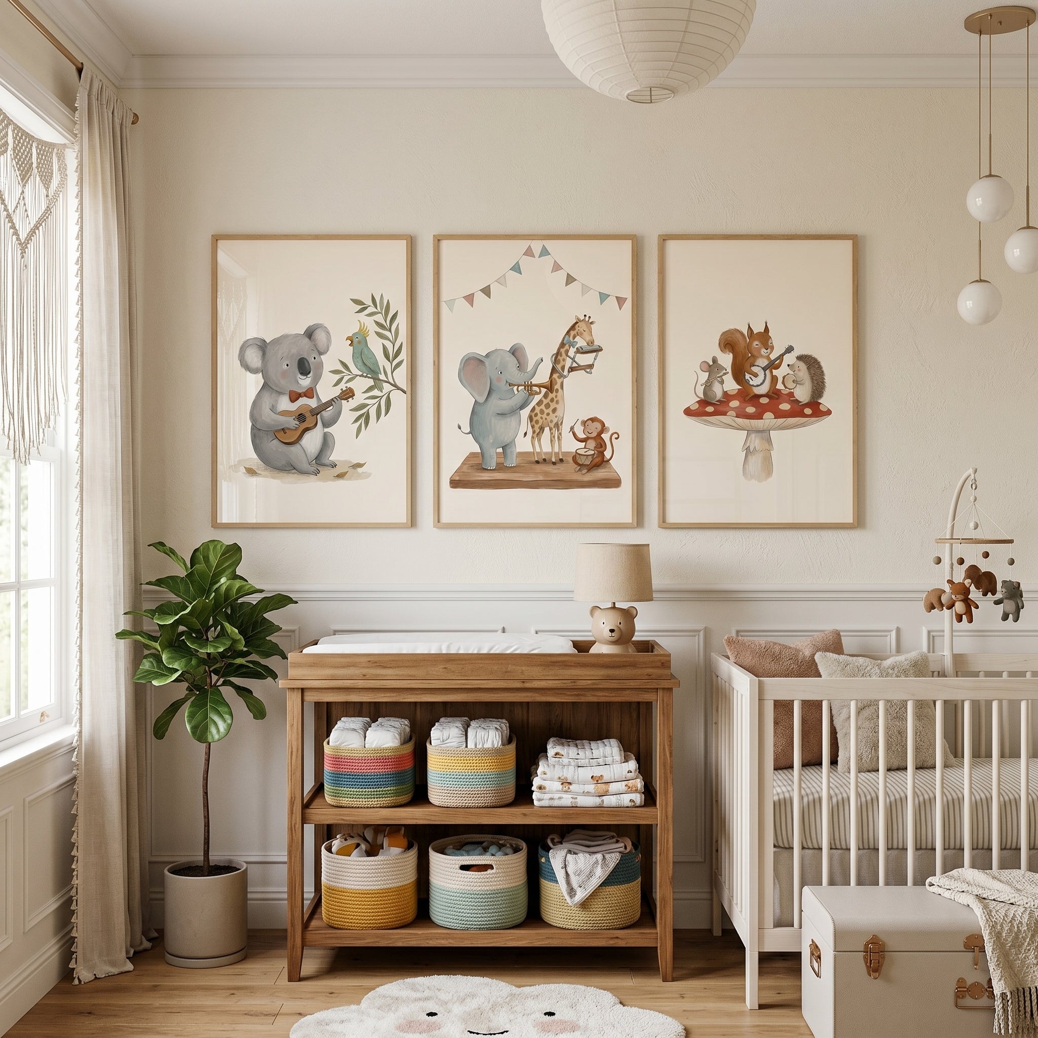 Sophisticated Neutral Musical Animal Wall Art Set Of 3 - Tiny Animal Orchestra