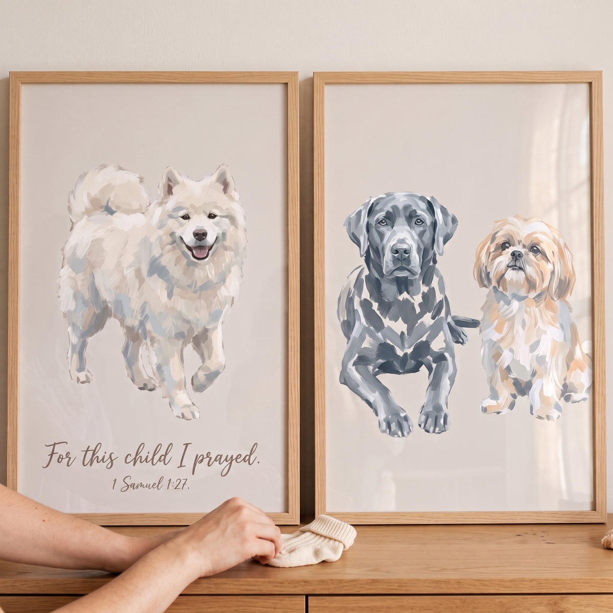 Sophisticated neutral pet dogs wall art set of 2 displays three dog illustrations in wood frames with a Bible verse.