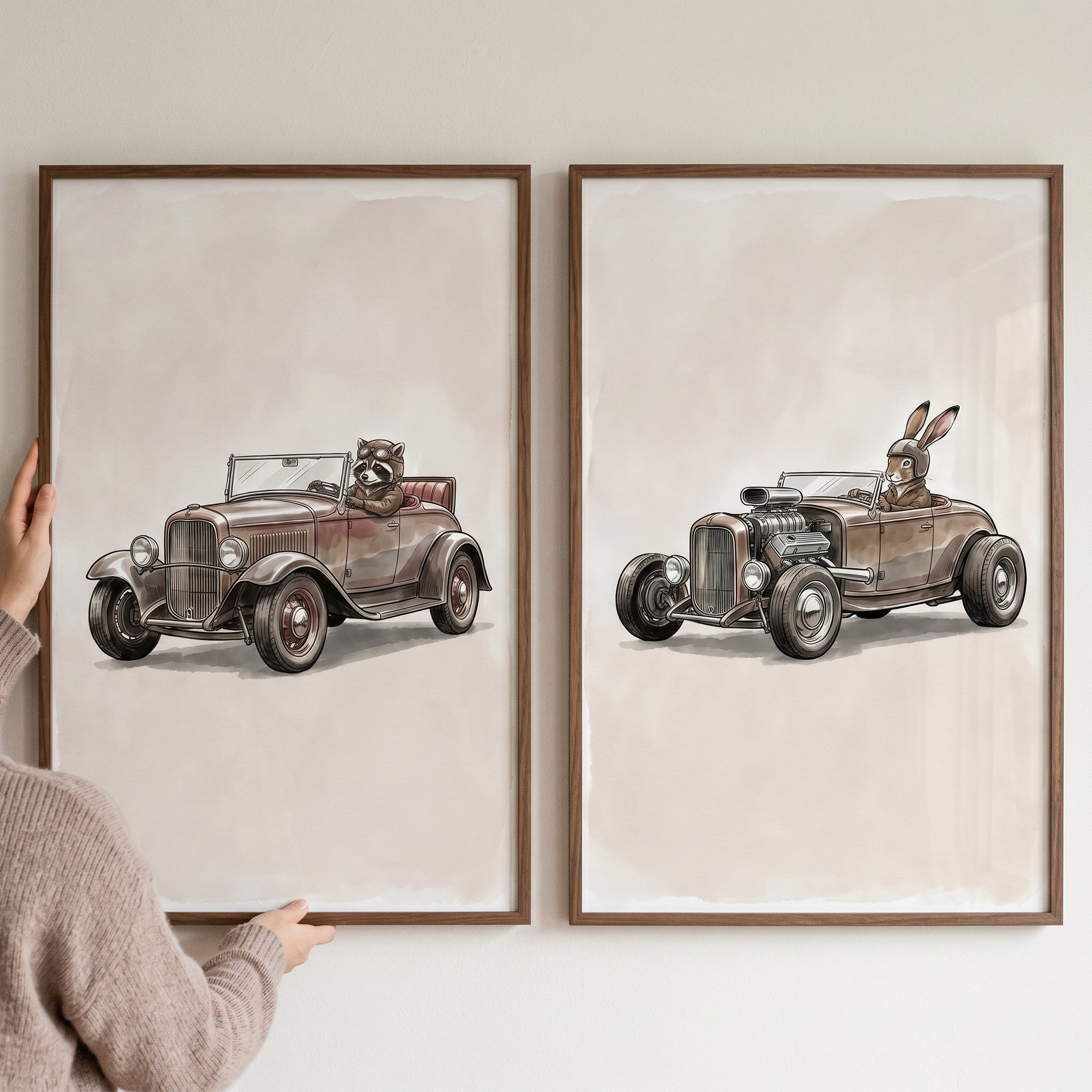 Sophisticated Neutral Racing Animal Wall Art Set of 2 - Vintage Animal Cruisers