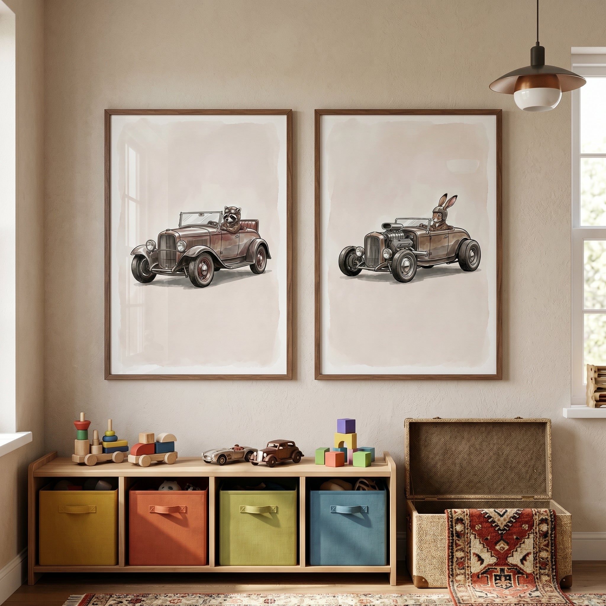 Sophisticated Neutral Racing Animal Wall Art Set of 2 - Vintage Animal Cruisers