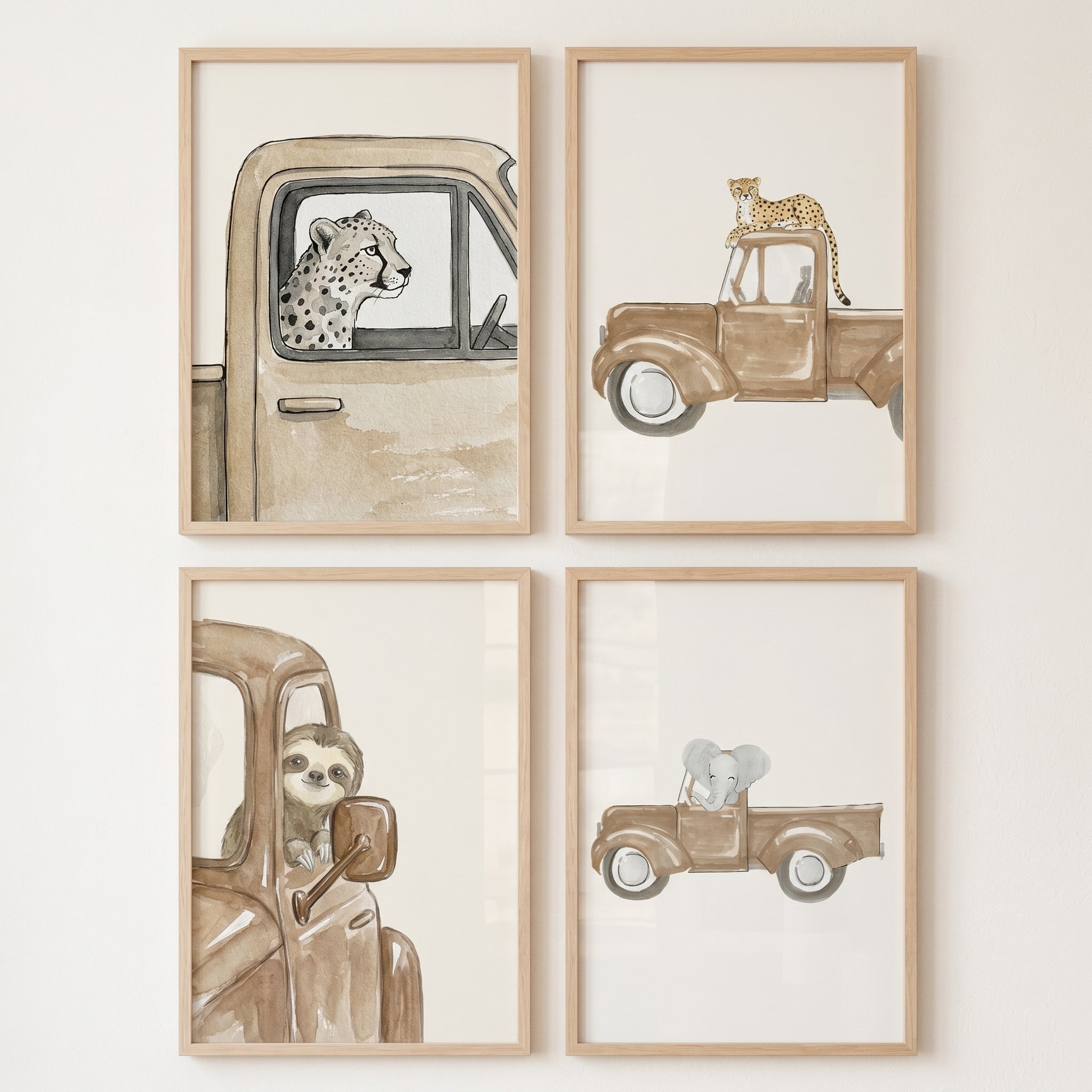 Sophisticated Neutral Truck Animal Wall Art Set of 4 - Safari Animal Rides