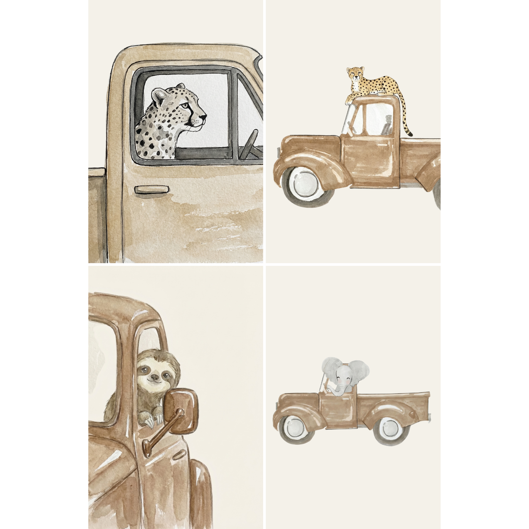 Sophisticated Neutral Truck Animal Wall Art Set of 4 - Safari Animal Rides