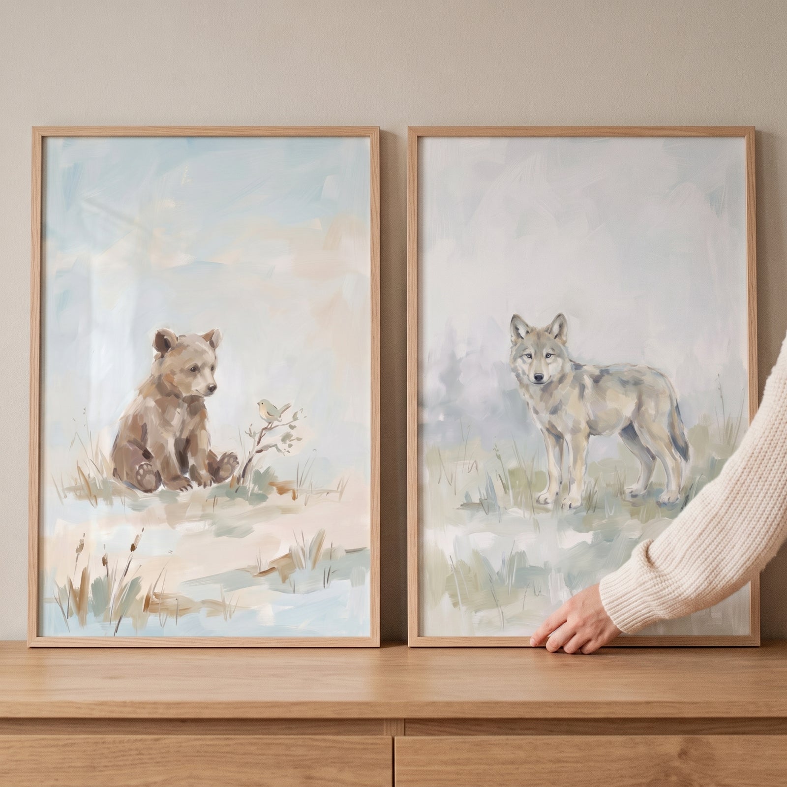 Sophisticated neutral woodland animals wall art set of 2 featuring a bear cub and a wolf in soft watercolor tones.