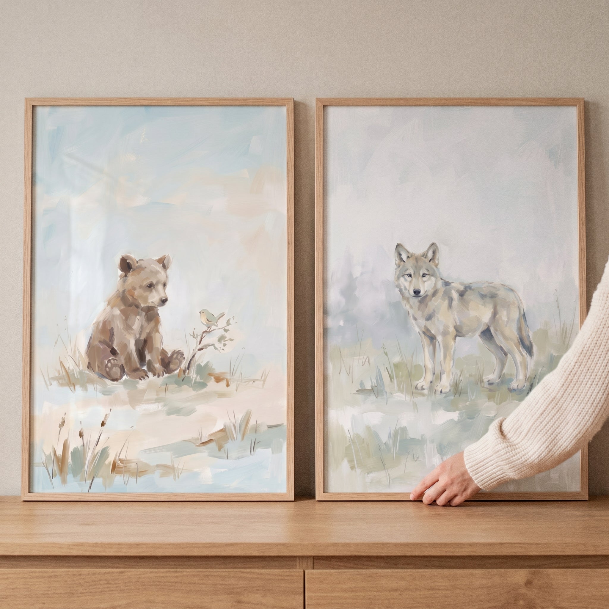 Sophisticated Neutral Woodland Animals Wall Art Set of 2 - Woodland Spirit Duo