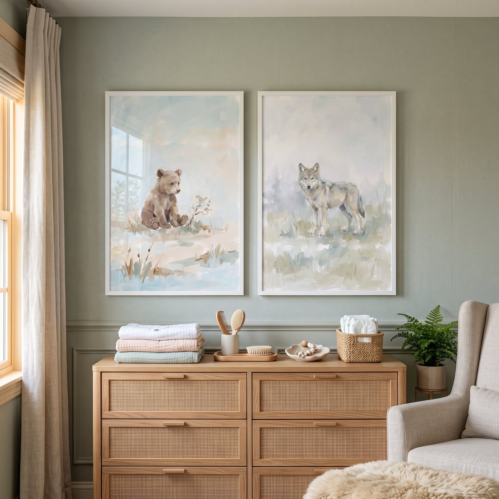 Sophisticated Neutral Woodland Animals Wall Art Set of 2 - Woodland Spirit Duo