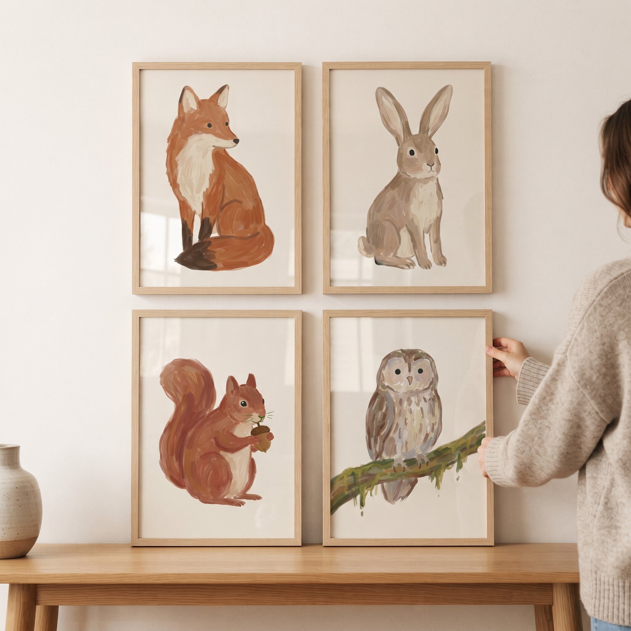 Sophisticated Neutral Woodland Animals Wall Art Set of 4 - Rustic Forest Friends