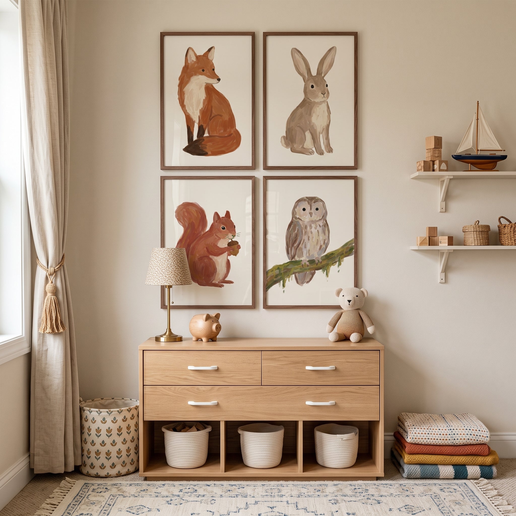 Sophisticated Neutral Woodland Animals Wall Art Set of 4 - Rustic Forest Friends