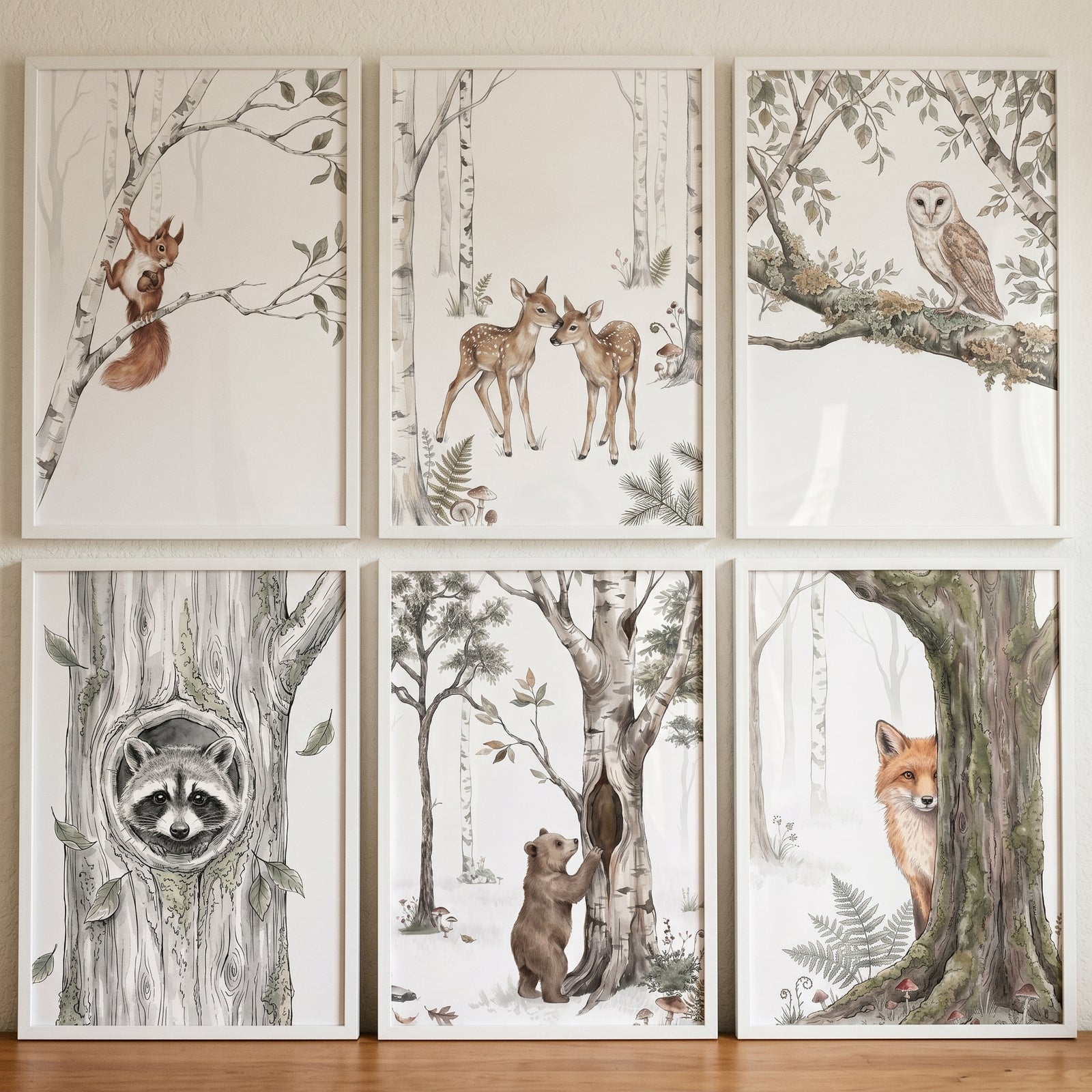 Sophisticated neutral woodland animals wall art set of 6 featuring a squirrel, deer, owl, raccoon, bear, and fox.