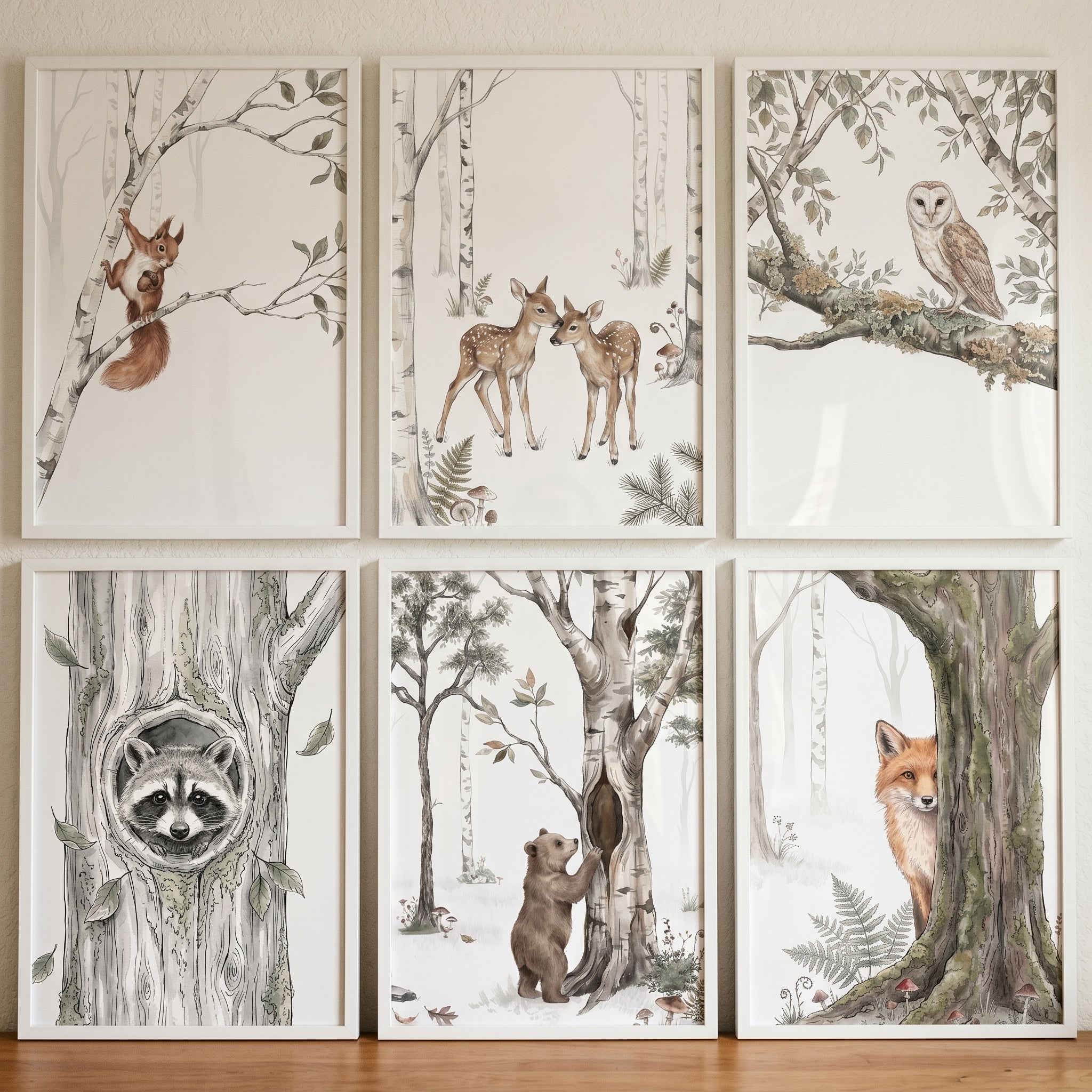 Sophisticated Neutral Woodland Animals Wall Art Set of 6 - Whimsical Woodland Friends
