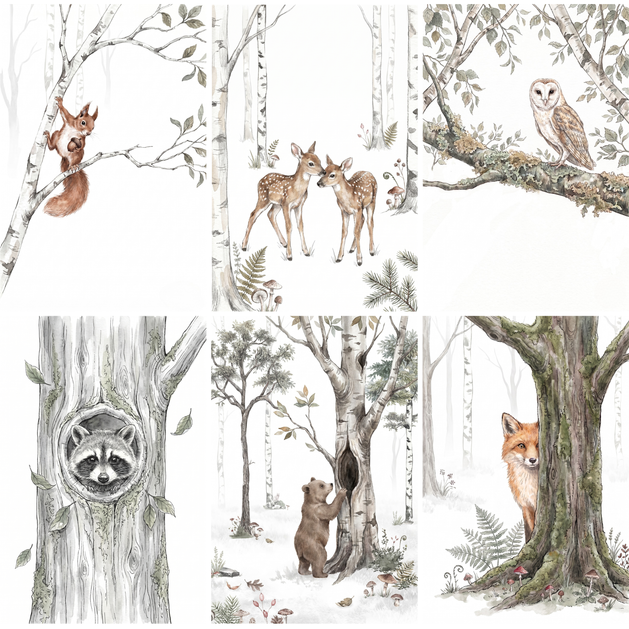 Sophisticated Neutral Woodland Animals Wall Art Set of 6 - Whimsical Woodland Friends