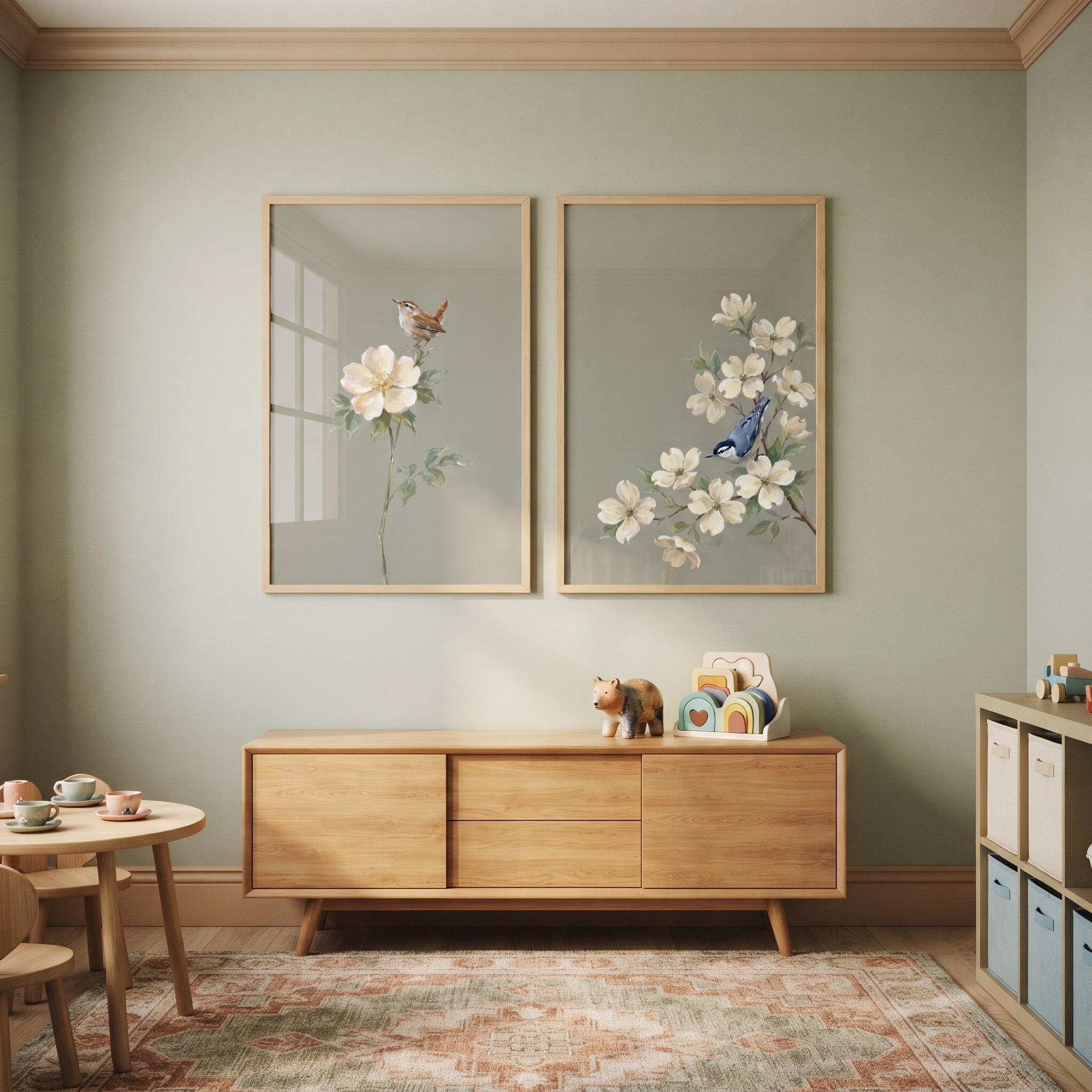 Sophisticated Olive Green Bird Wall Art Set of 2 - Spring Blossom Duo