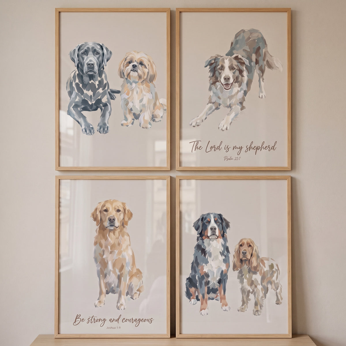 Sophisticated painterly mixed dogs wall art set of 4 features various dog breeds and religious text in wood frames.