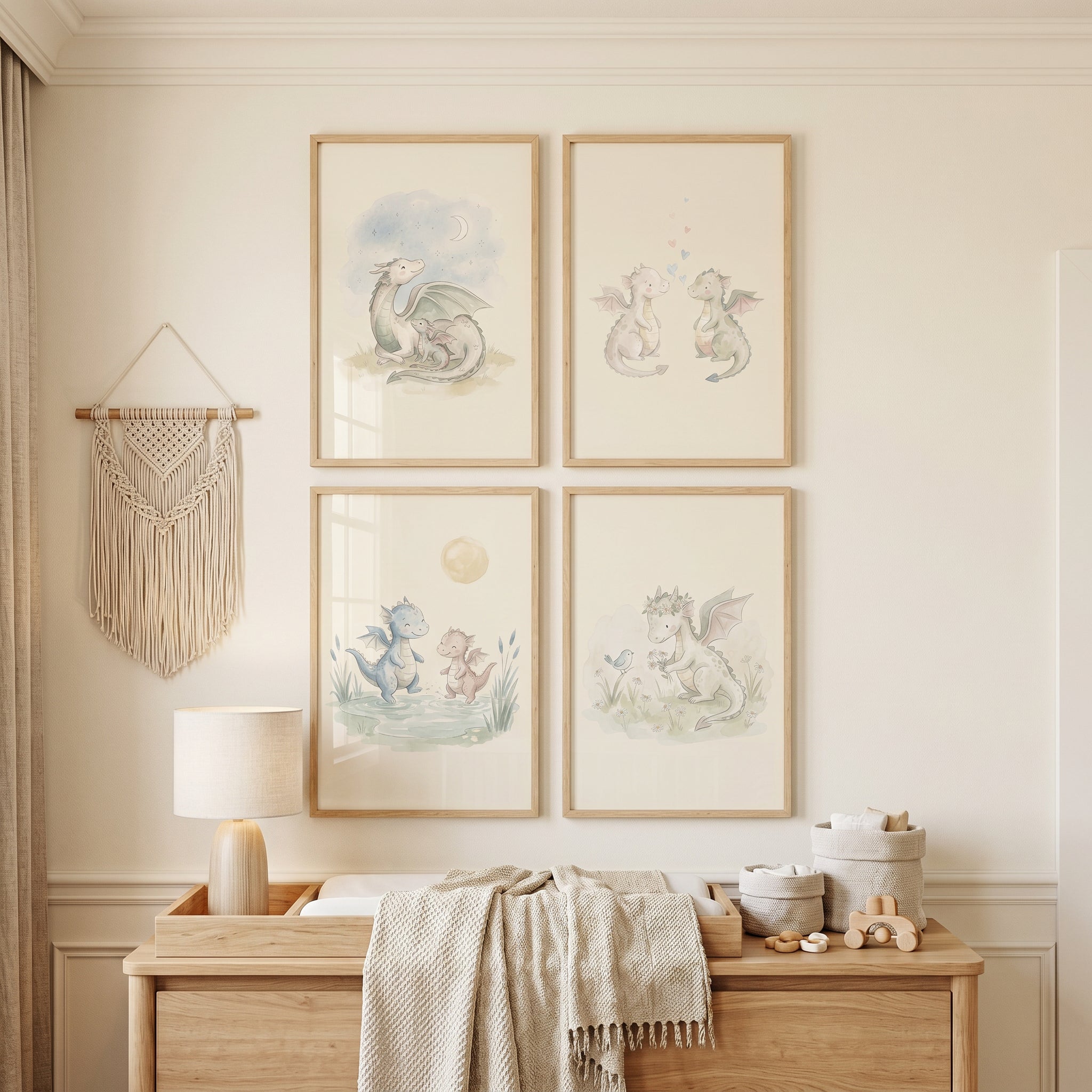 Sophisticated Pastel Baby Dragon Wall Art Set of 4 - Gentle Dragon Dreams