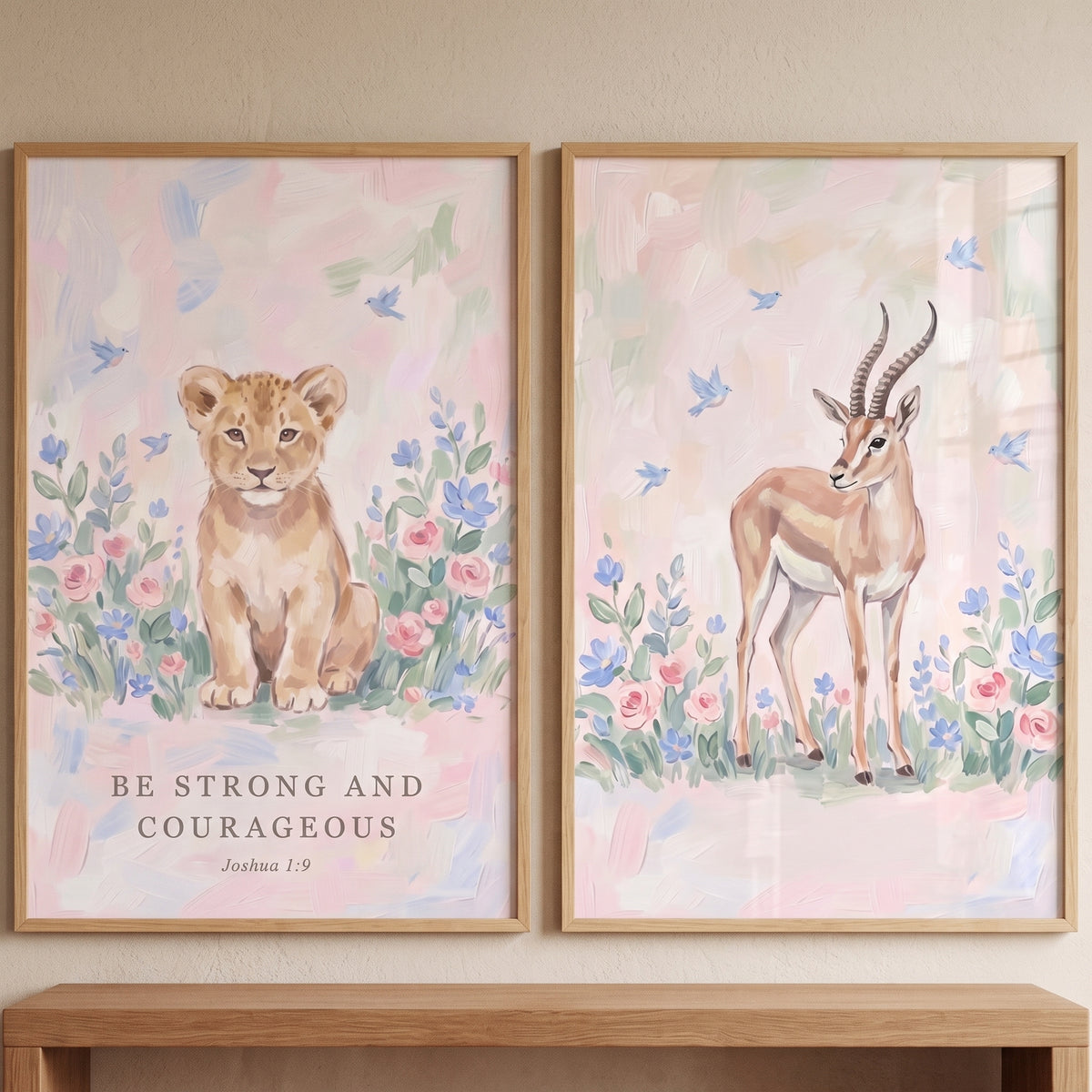 Sophisticated pastel savanna animals wall art set of 2 featuring a lion cub, a gazelle, and the bible verse Joshua 1:9.