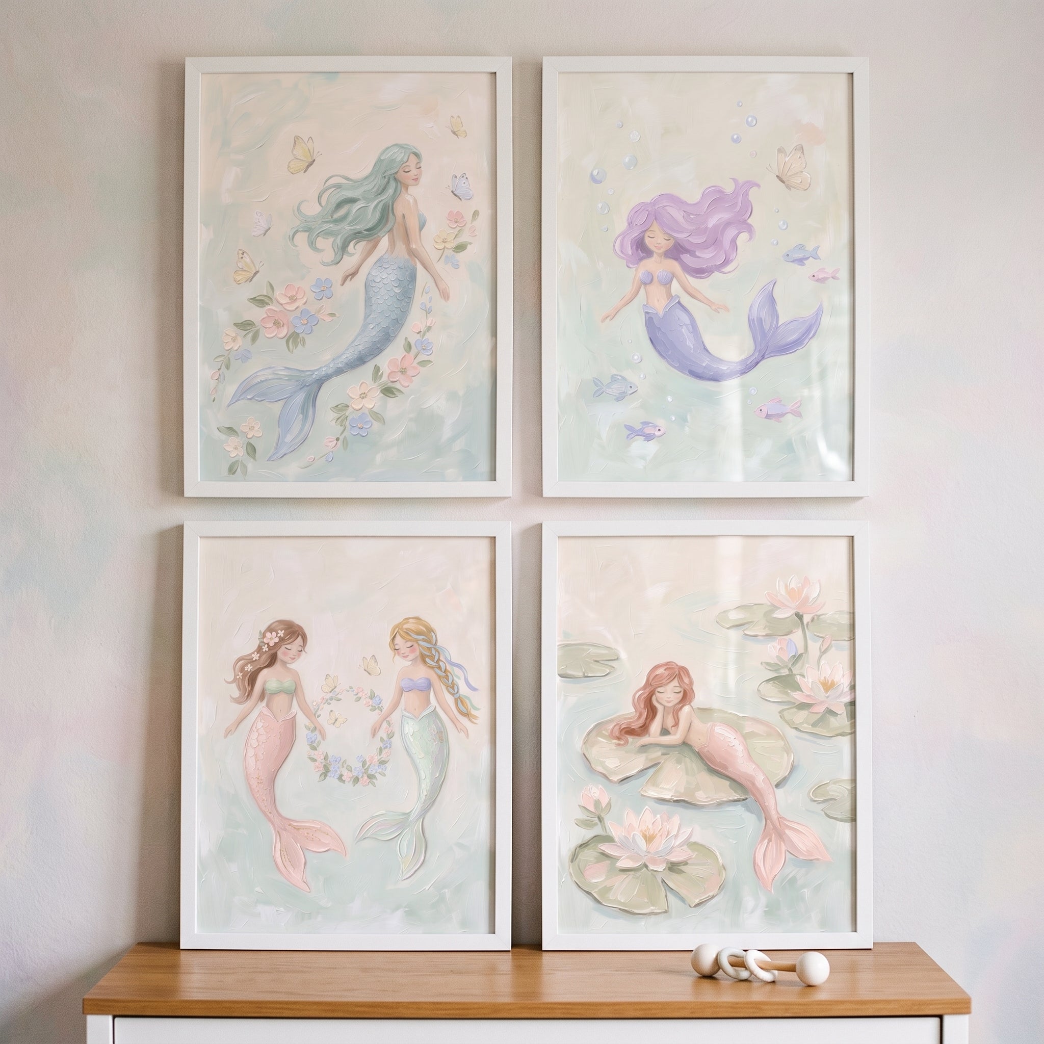 Sophisticated Pastel Underwater Mermaid Wall Art Set of 4 - Whimsical Sea Maidens