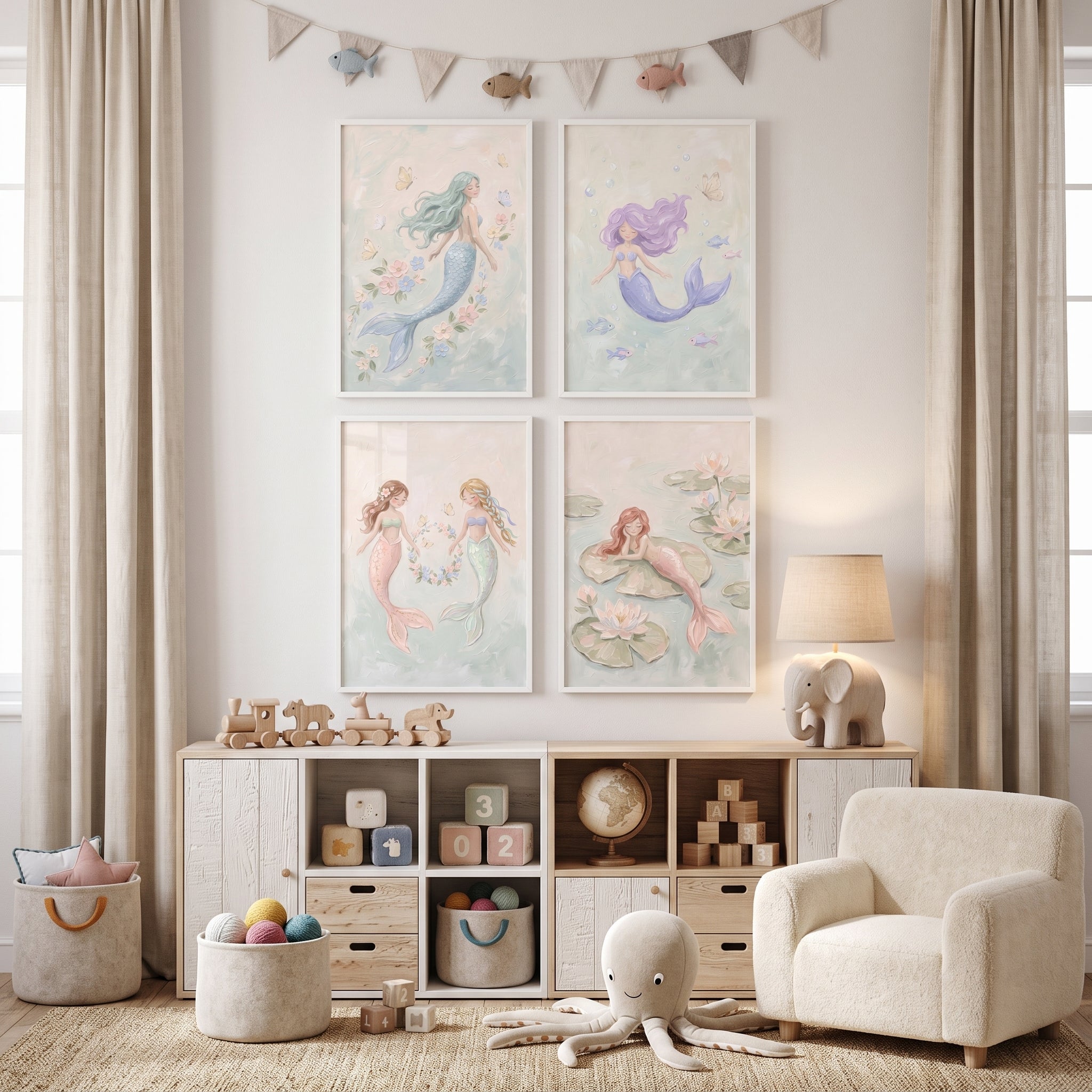 Sophisticated Pastel Underwater Mermaid Wall Art Set of 4 - Whimsical Sea Maidens