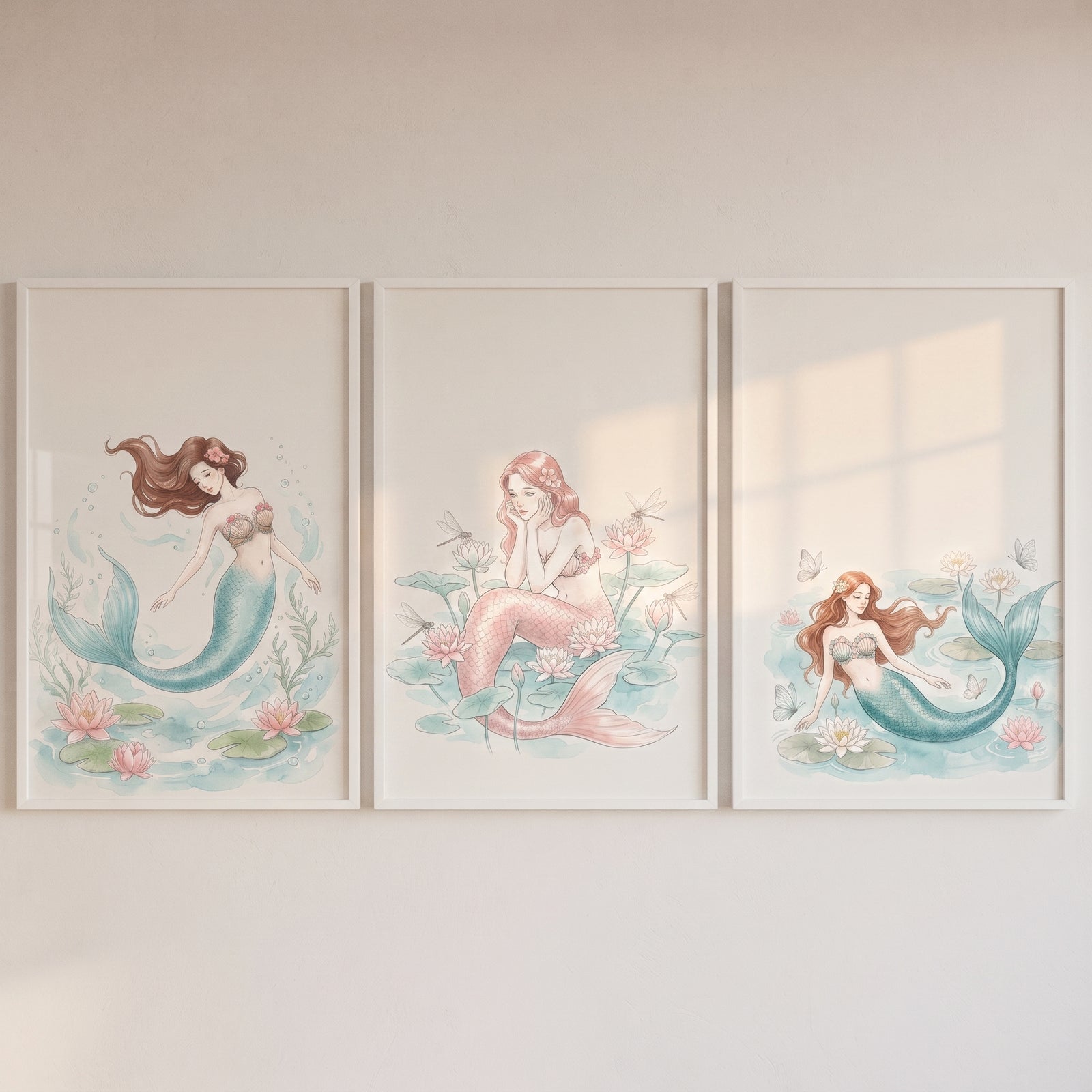Sophisticated pastel watercolor mermaid wall art set of 3 with pink and teal mermaids among lily pads.