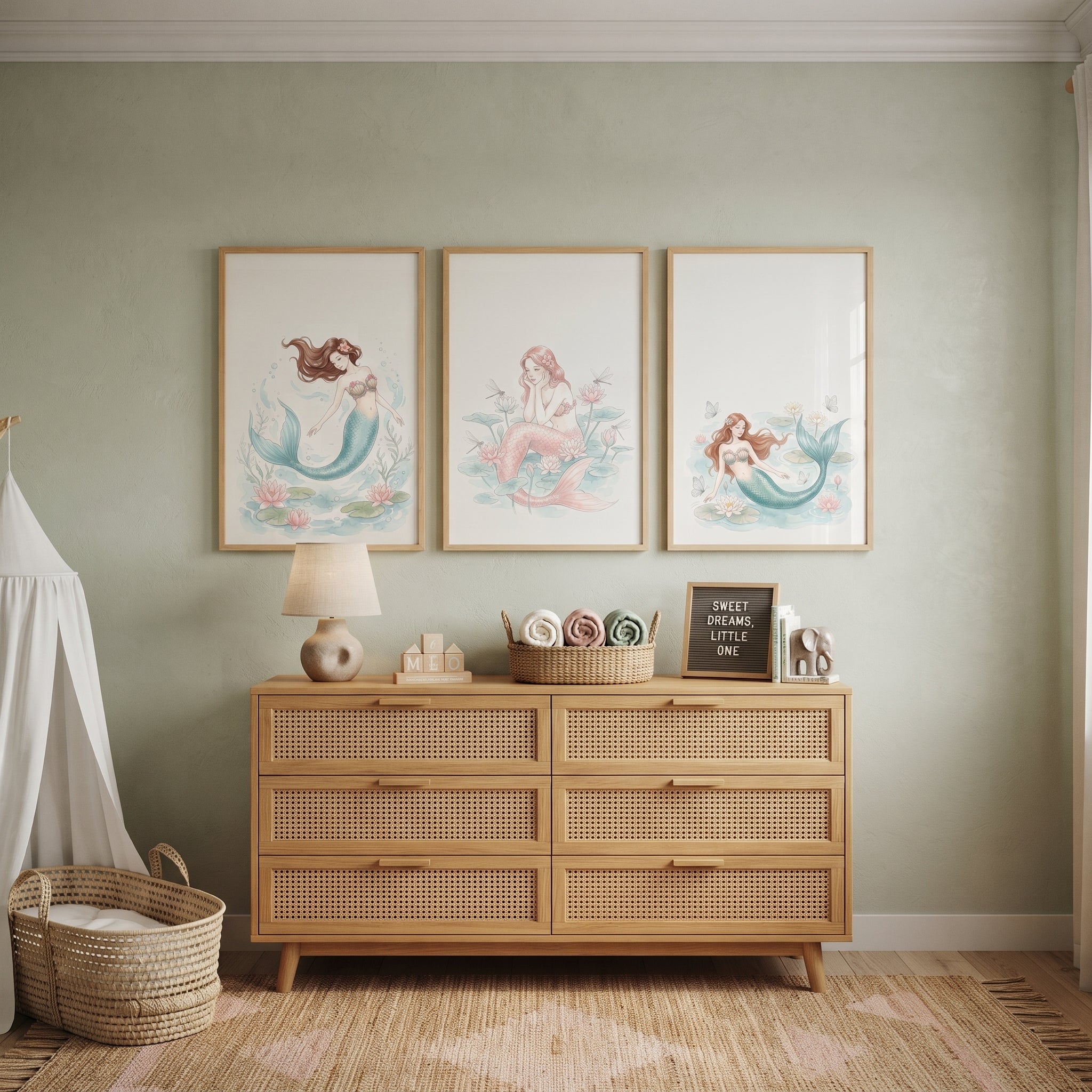 Sophisticated Pastel Watercolor Mermaid Wall Art Set of 3 - Enchanted Lotus Sirens