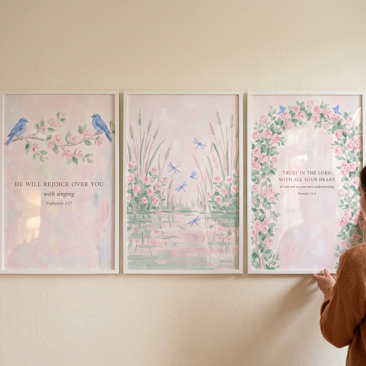 Sophisticated Pink Botanical Garden Wall Art Set of 3 - Serene Faith Florals