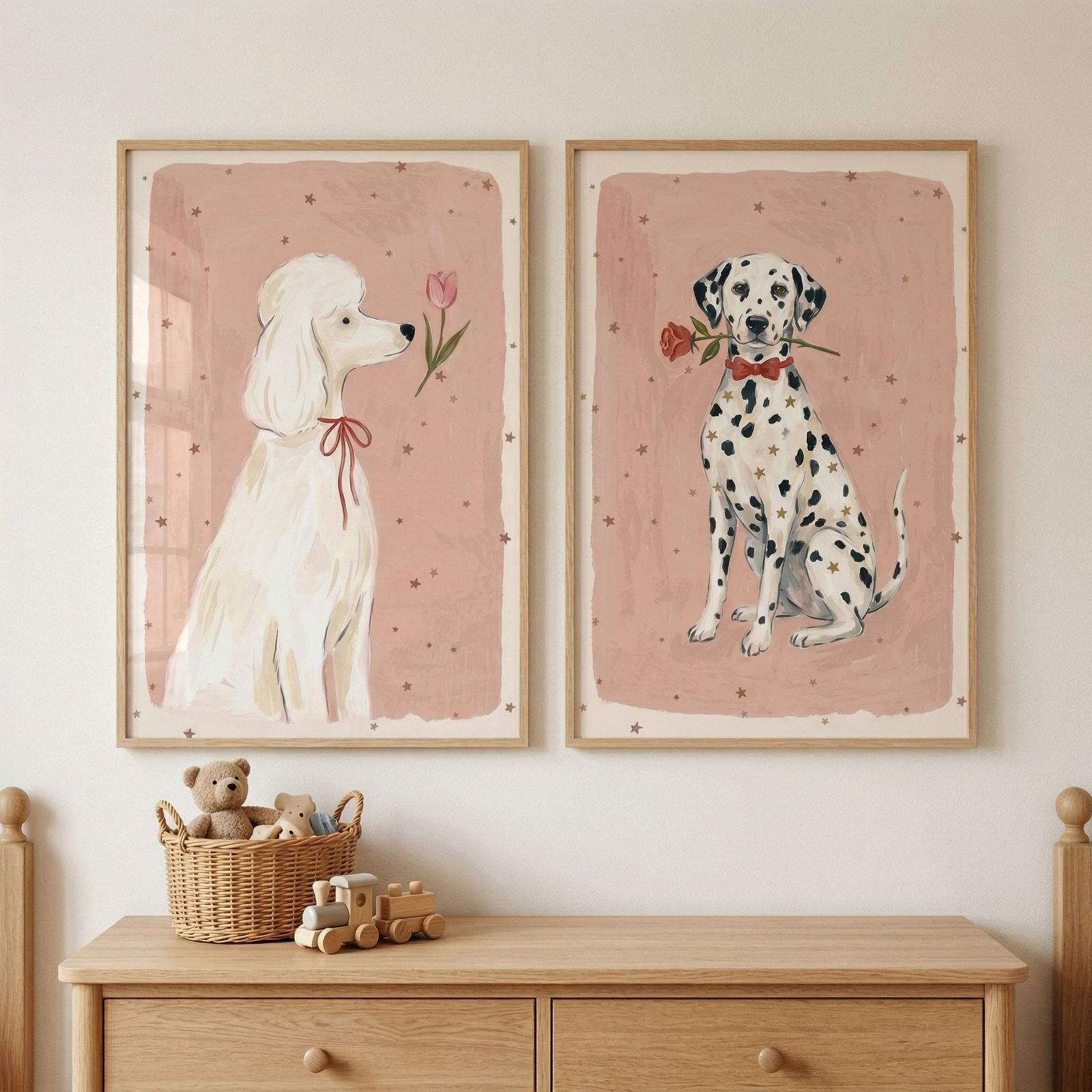 Two matching wooden-framed illustrations hang on a neutral wall above a light wood dresser. The left illustration features a white poodle with a red bow, admiring a pink flower. The right one depicts a spotted dalmatian with a red bow tie, holding a red rose. Both have a soft pink star-patterned background. 