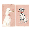 Watercolor illustration of a white poodle in profile wearing a thin red ribbon while looking at a pink tulip, paired with a Dalmatian sitting upright with a red bow and holding a rose in its mouth against a soft pink starry background.
