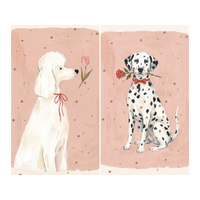 Watercolor illustration of a white poodle in profile wearing a thin red ribbon while looking at a pink tulip, paired with a Dalmatian sitting upright with a red bow and holding a rose in its mouth against a soft pink starry background.
