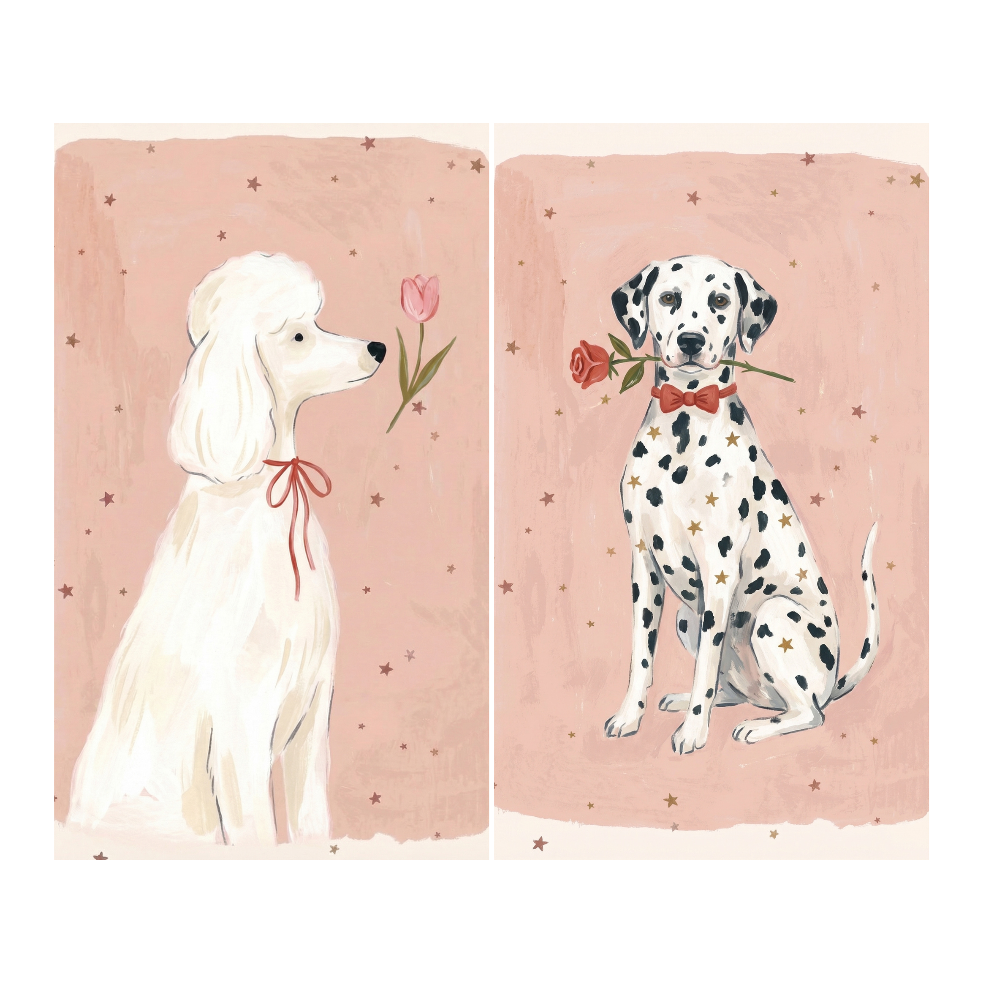 Watercolor illustration of a white poodle in profile wearing a thin red ribbon while looking at a pink tulip, paired with a Dalmatian sitting upright with a red bow and holding a rose in its mouth against a soft pink starry background.
