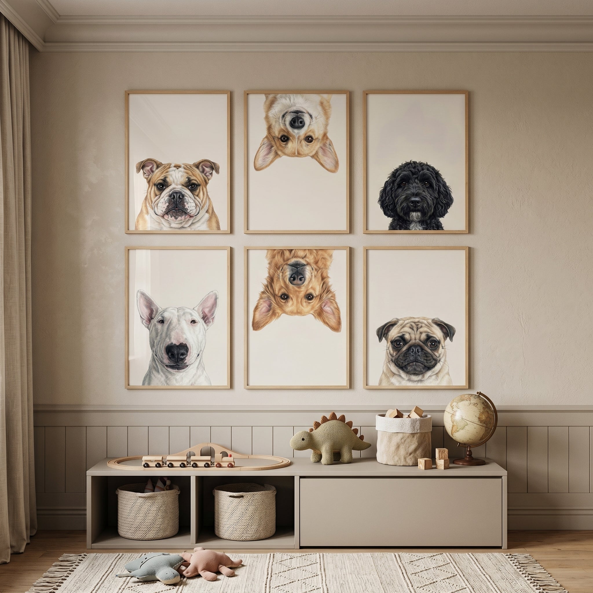 Sophisticated Realistic Pet Dog Wall Art Set of 6 - Playful Pup Portraits