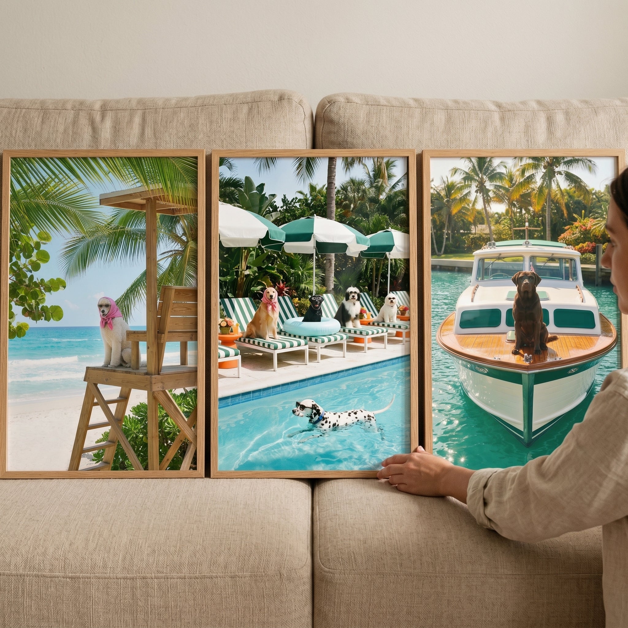 Sophisticated Resort Dog Wall Art Set of 3 - Tropical Dog Vacation