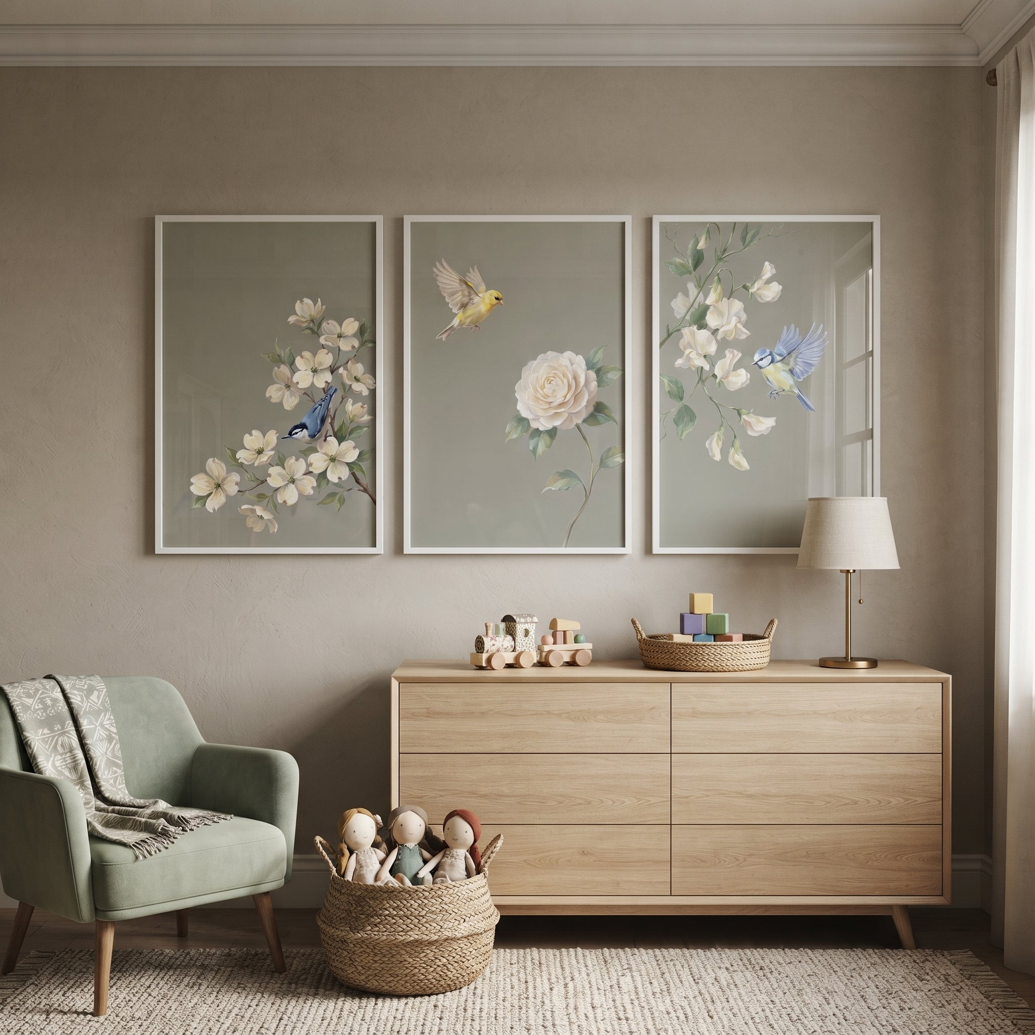 Sophisticated Sage Botanical Bird Wall Art Set of 3 - Serene Songbirds