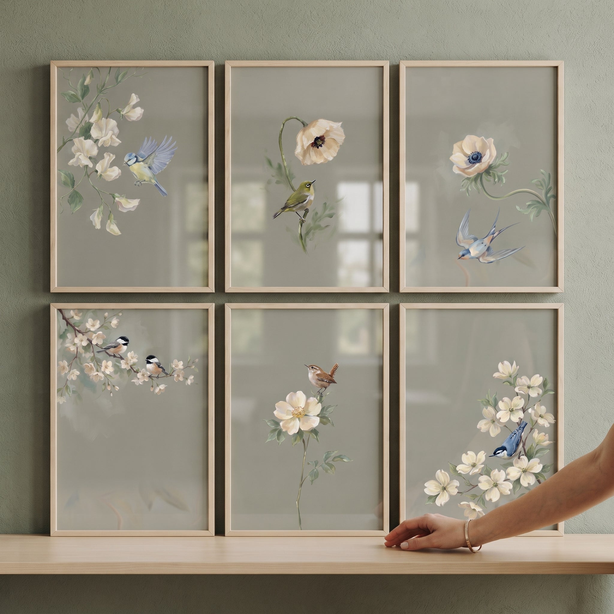 Sophisticated Sage Garden Bird Floral Artwork Set of 6 - Vintage Avian Florals