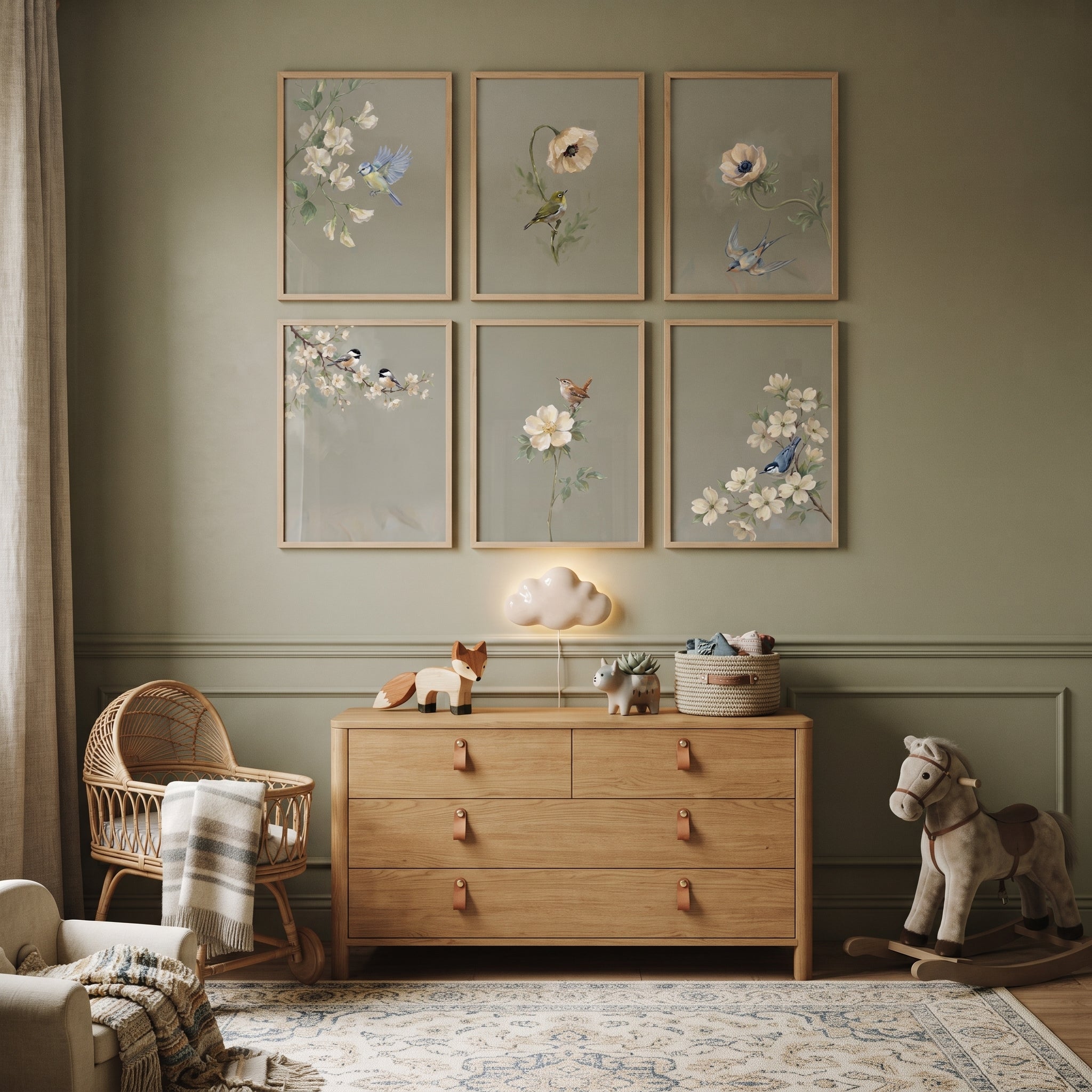 Sophisticated Sage Garden Bird Floral Artwork Set of 6 - Vintage Avian Florals