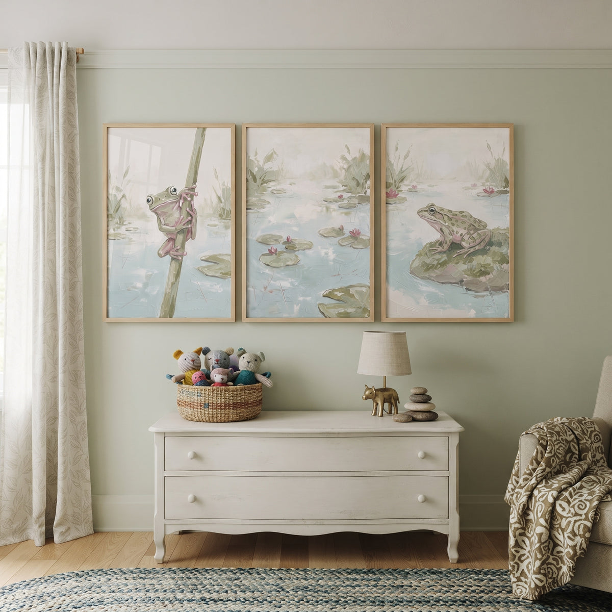 Sophisticated Sage Green Frog Wall Art Set Of 3 - Serene Pond Trio