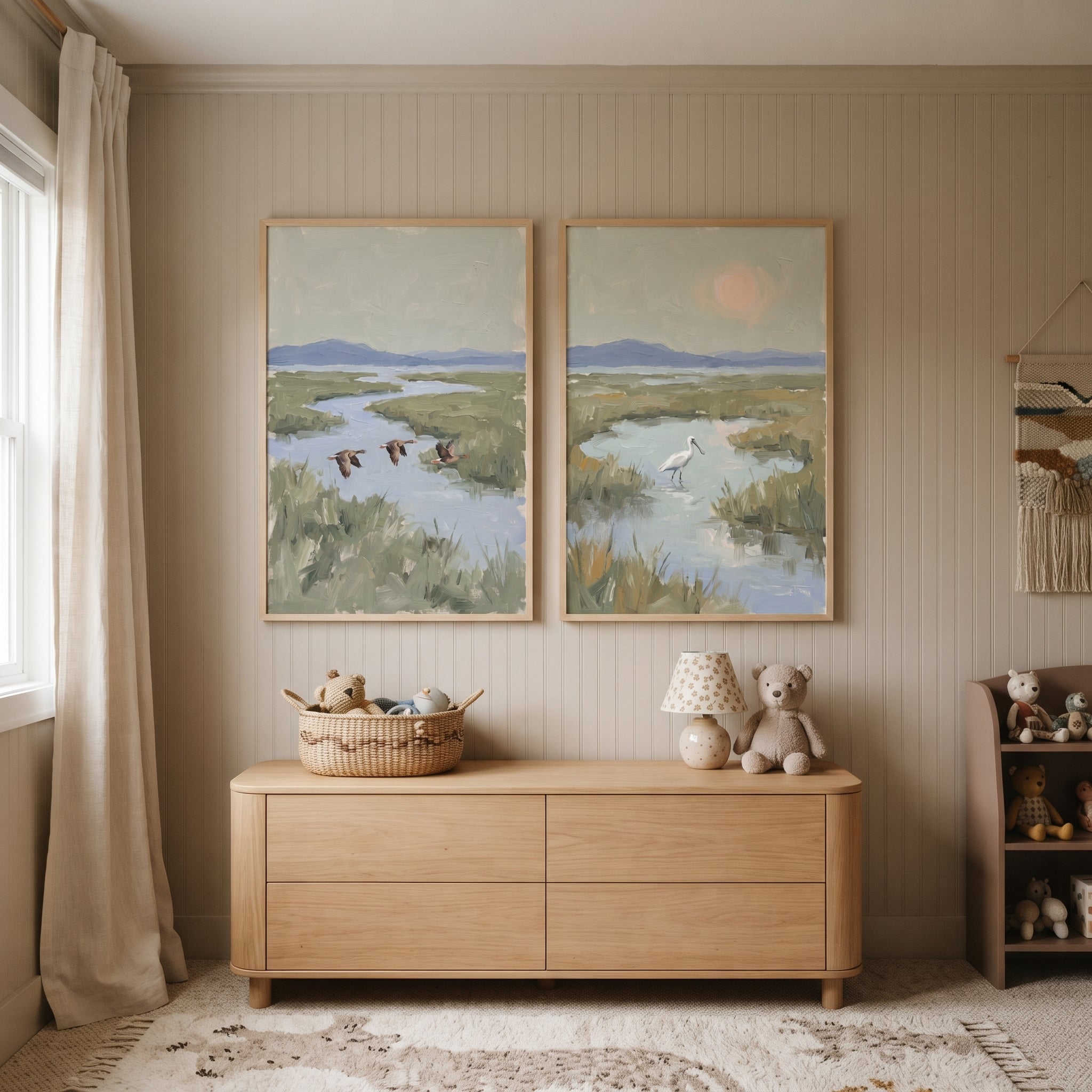 Sophisticated Sage Marsh Bird Wall Art Set of 2 - Quiet Wetland Morning