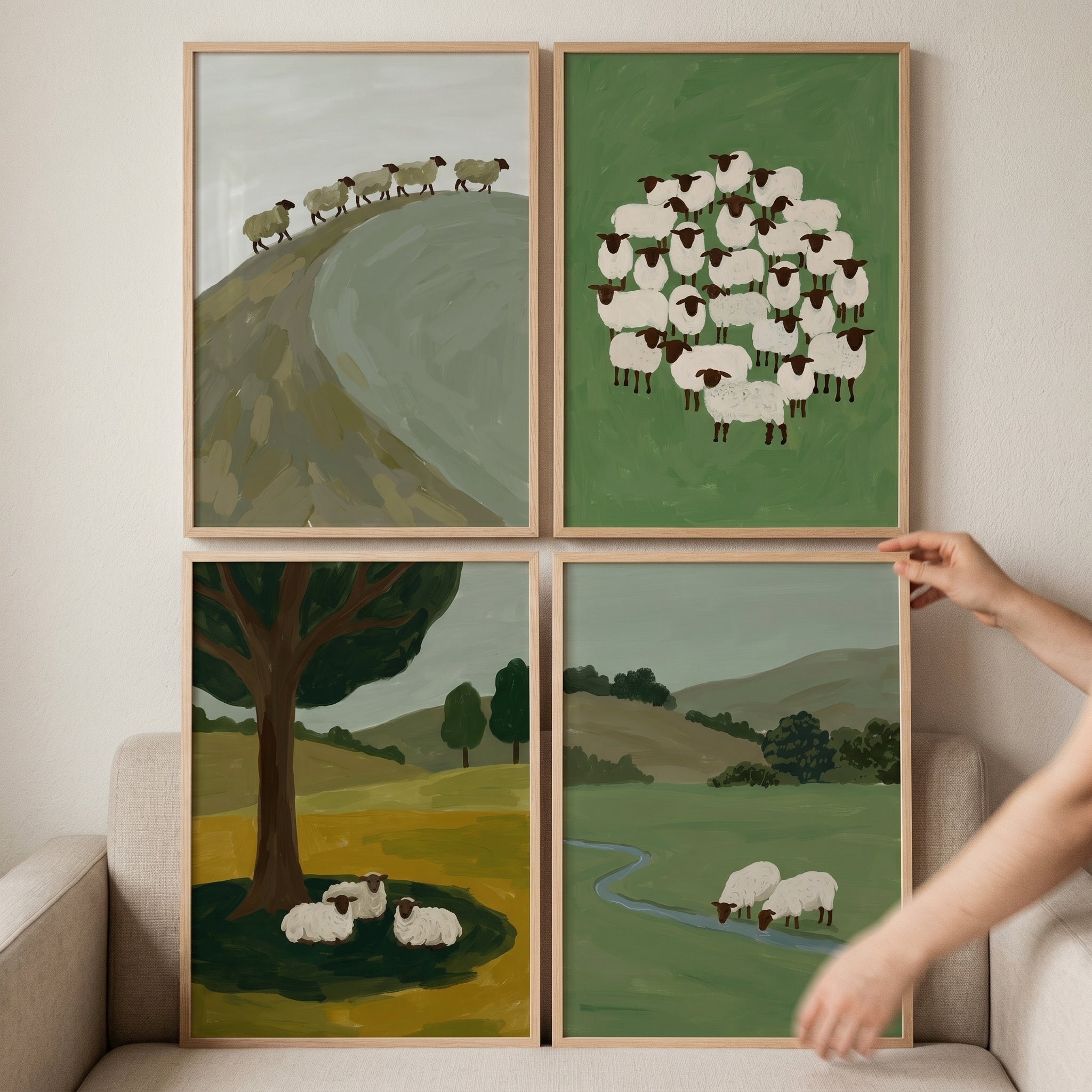 Sophisticated Sage Pastoral Sheep Wall Art Set of 4 - Gentle Woolly Flock