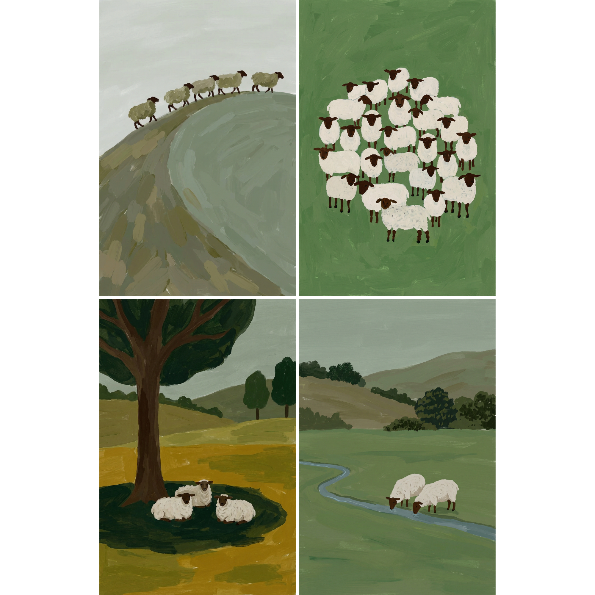 Sophisticated Sage Pastoral Sheep Wall Art Set of 4 - Gentle Woolly Flock