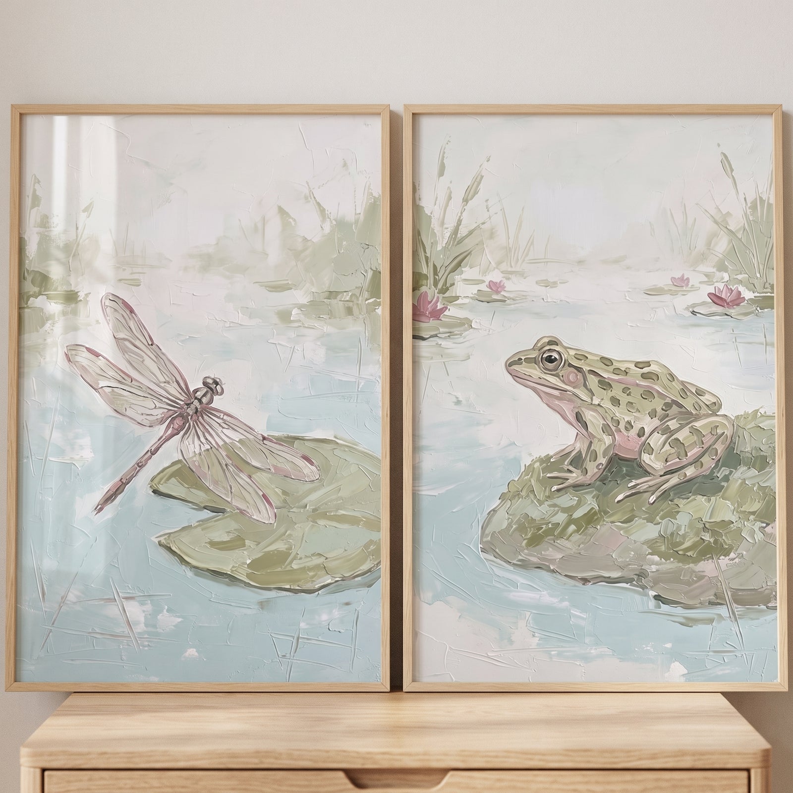 Sophisticated sage pond animals wall art set of 2 featuring a dragonfly and a frog in a soft, textured pond setting.