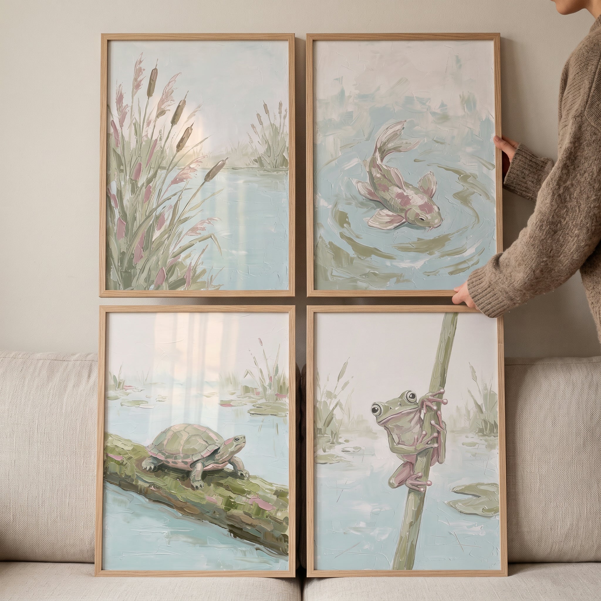 Sophisticated Sage Pond Animals Wall Art Set of 4 - Gentle Wetland Friends
