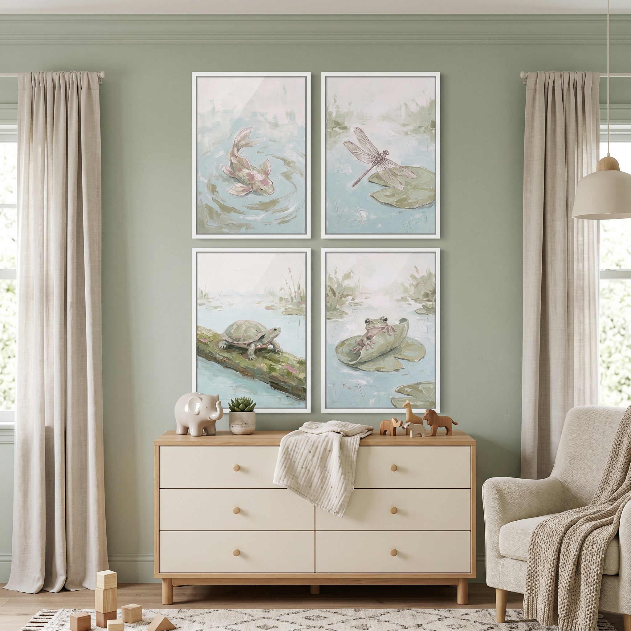 Sophisticated Sage Pond Animals Wall Art Set Of 4 - Quiet Water Scenes