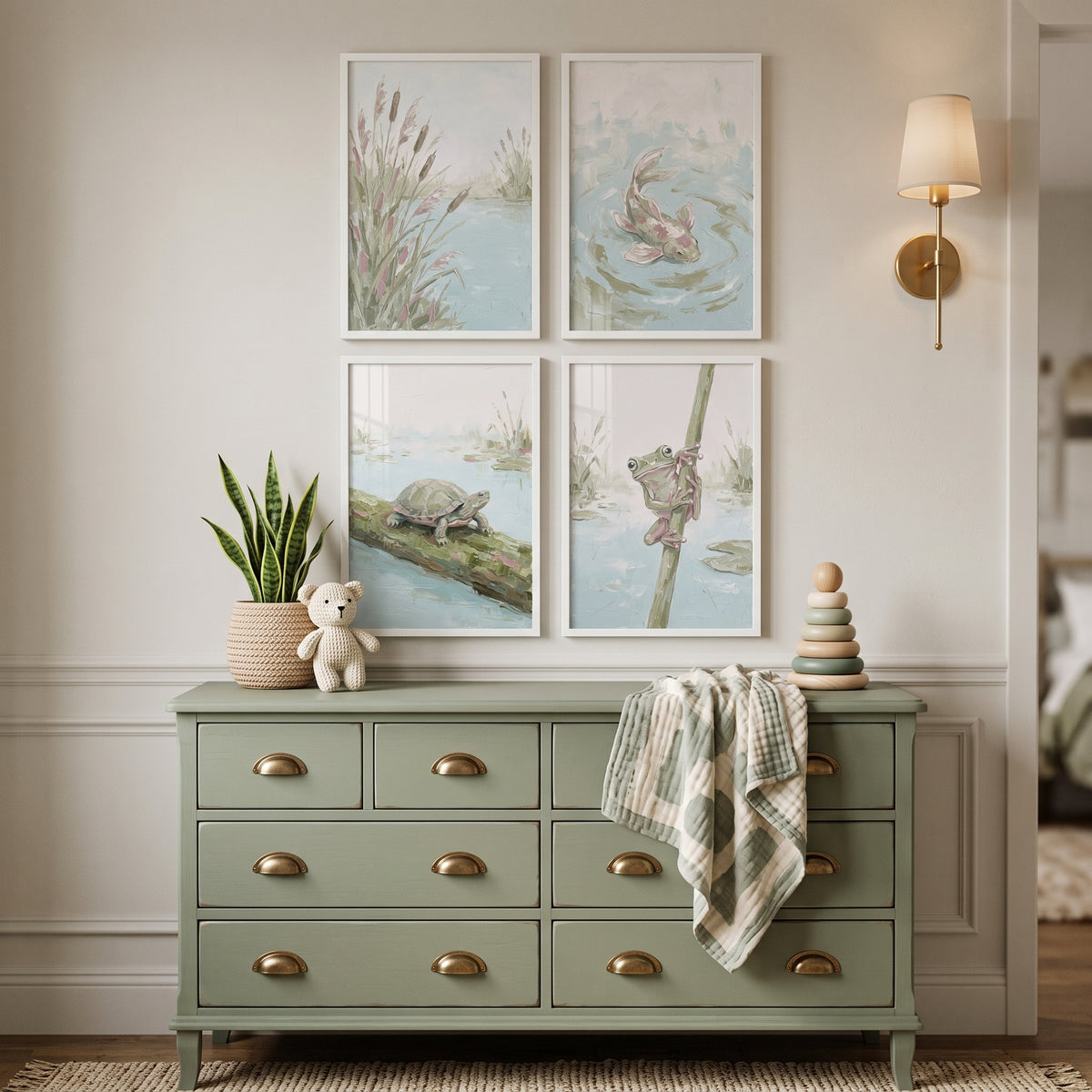 Sophisticated Sage Pond Animals Wall Art Set of 4 - Gentle Wetland Friends