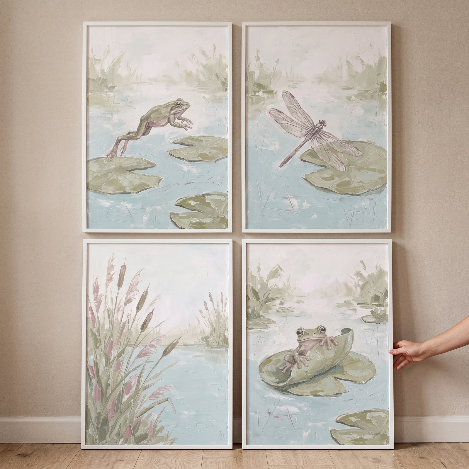 Sophisticated sage pond wall art set of 4 featuring frogs, a dragonfly, and reeds in muted green and blue tones.