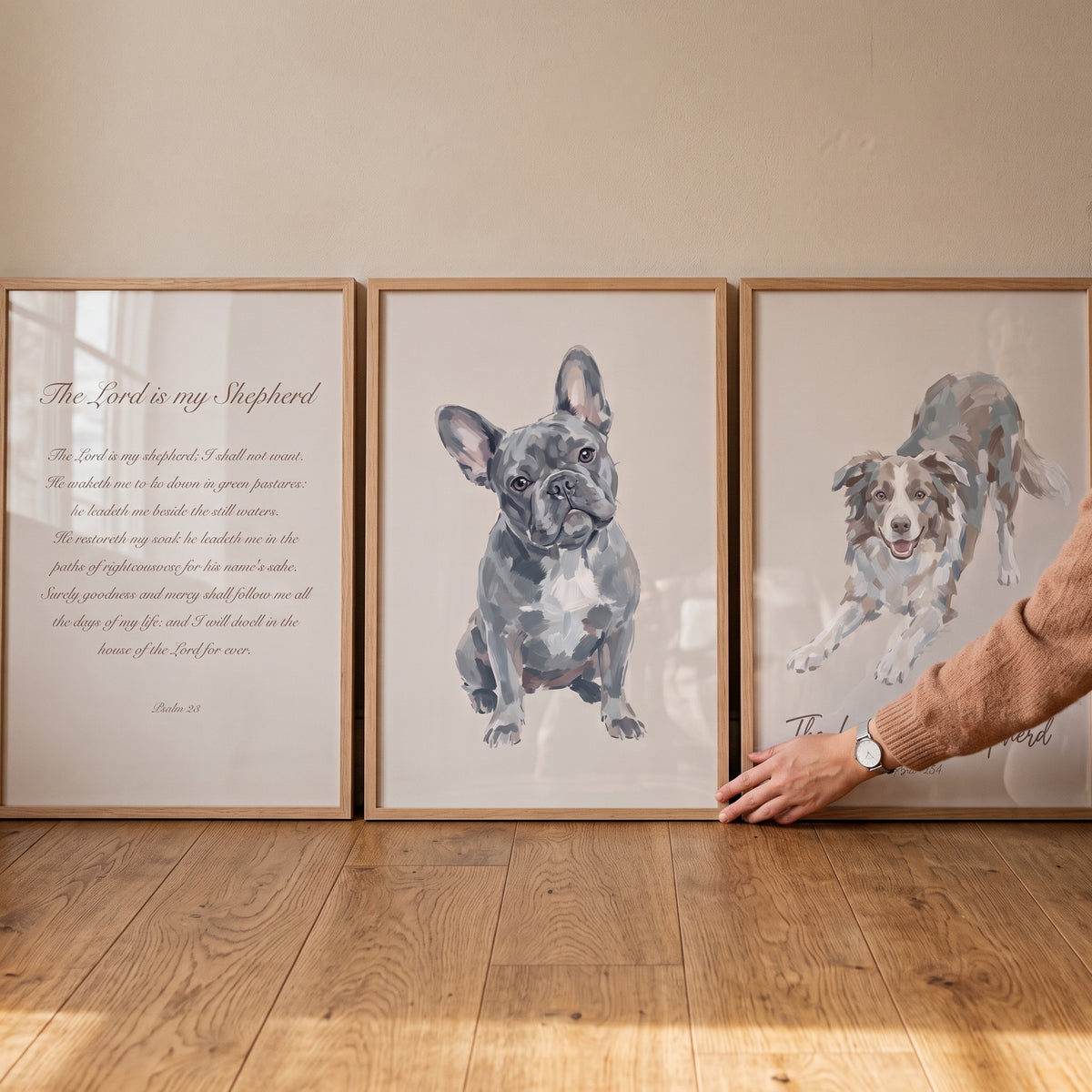 A sophisticated scripture pet dogs wall art set of 3 featuring Psalm 23, a French bulldog, and a spotted dog on a floor.