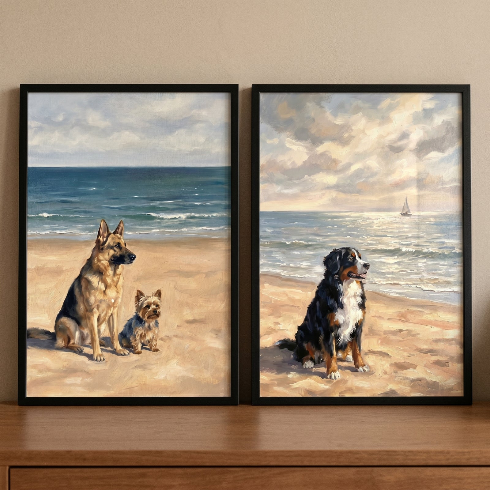 Sophisticated seaside coastal dogs wall art set of 2 with three breeds on a sandy beach by the ocean waves.