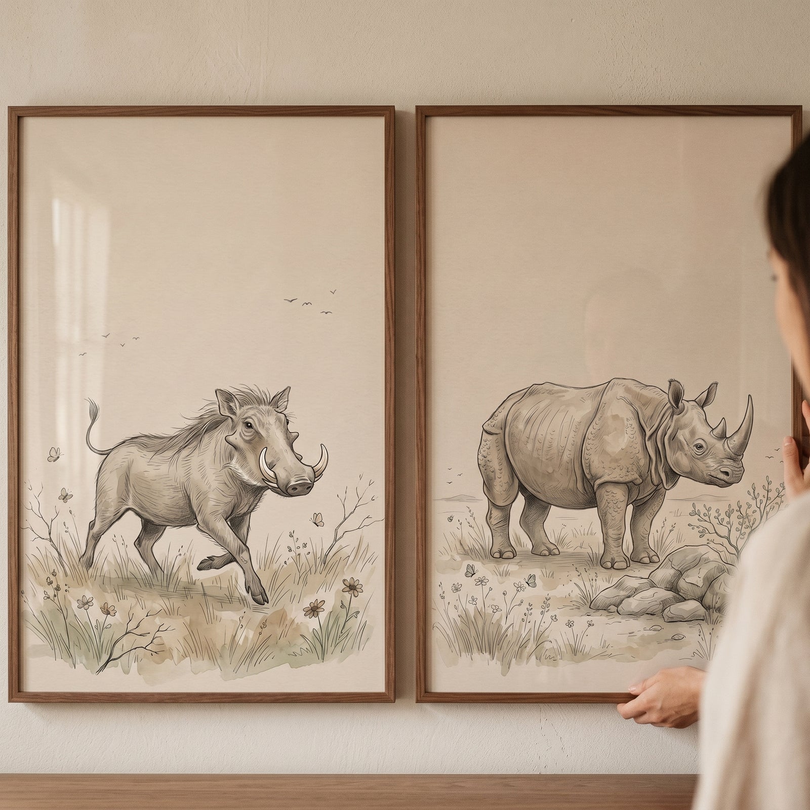 Sophisticated sketch safari animals wall art set of 2 featuring a warthog and rhinoceros in natural wood frames.