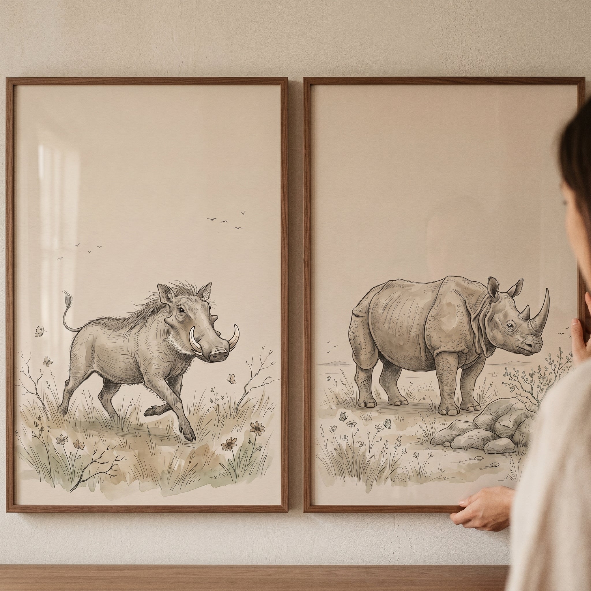 Sophisticated Sketch Safari Animals Wall Art Set Of 2 - African Safari Sketches