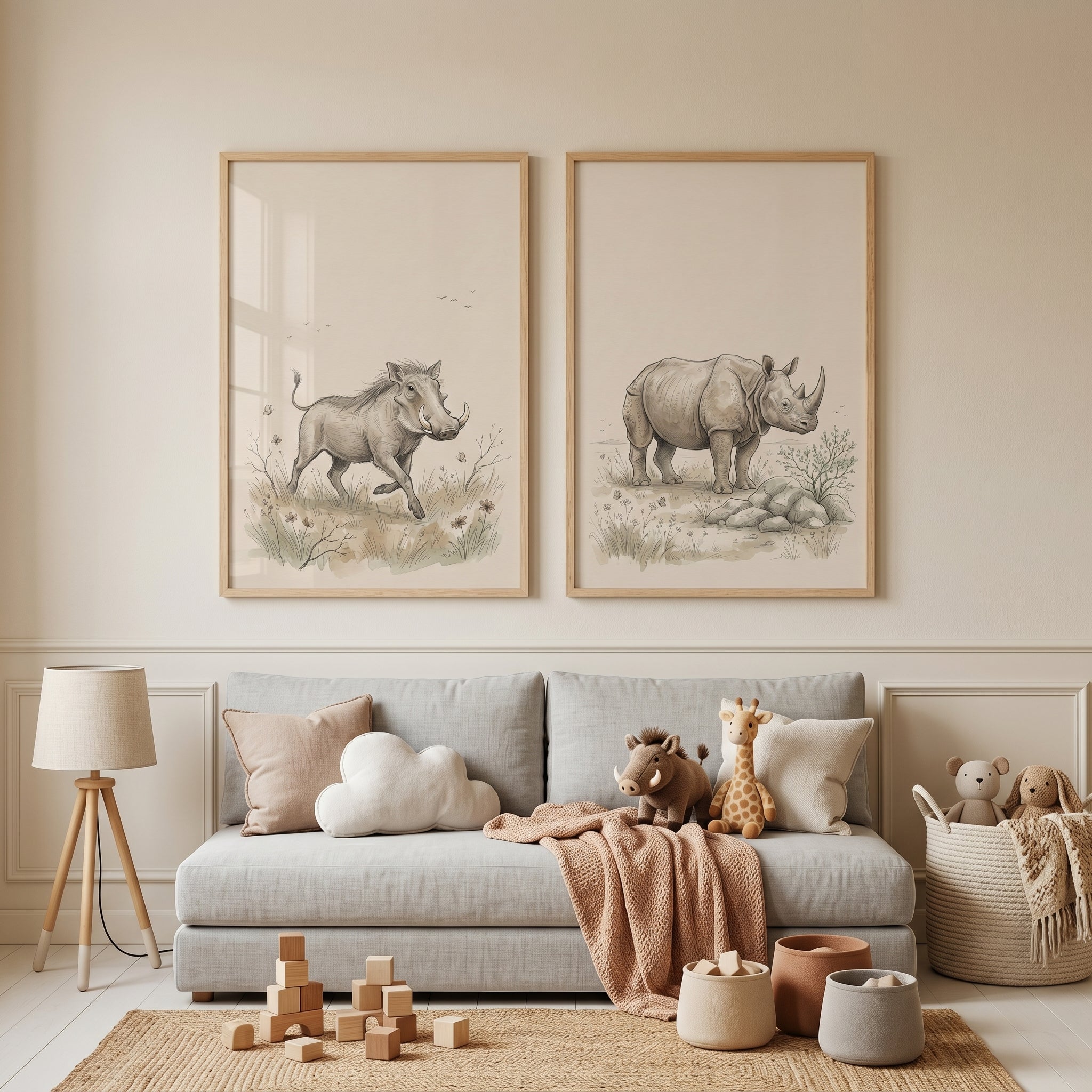 Sophisticated Sketch Safari Animals Wall Art Set Of 2 - African Safari Sketches